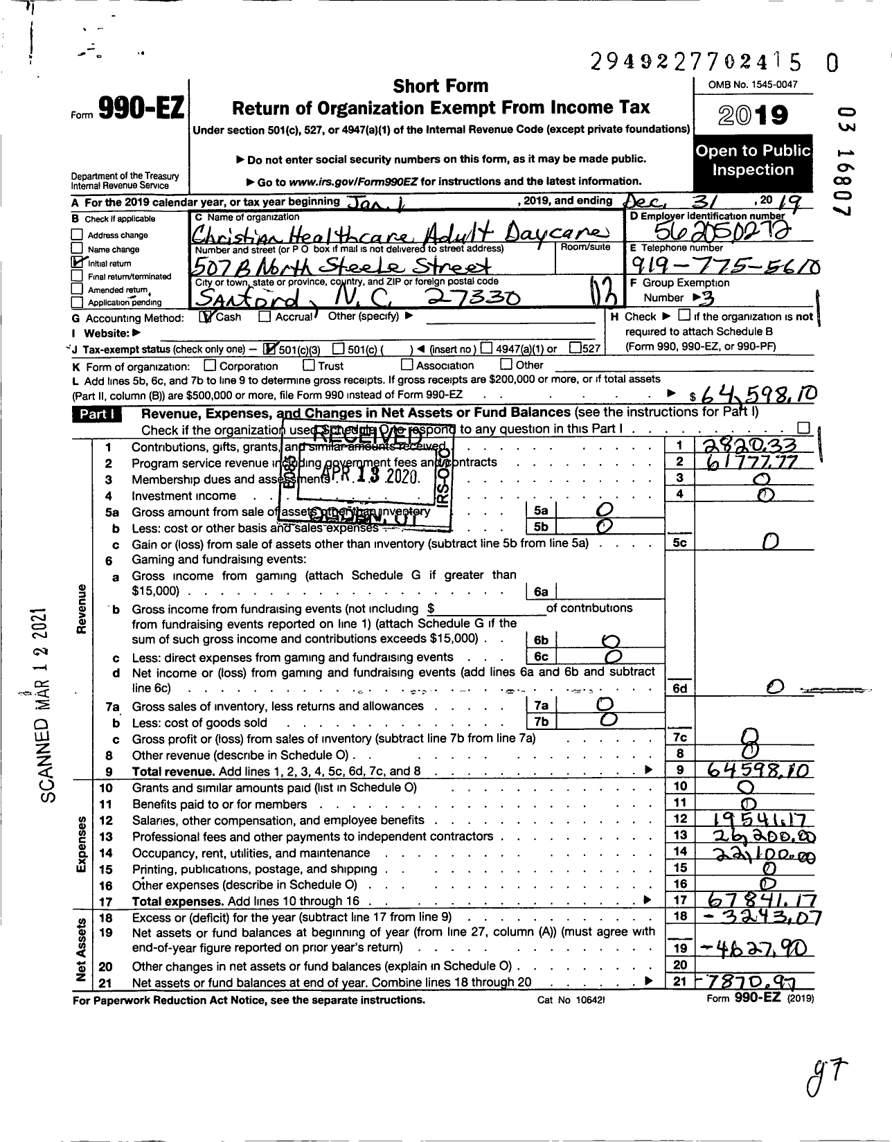 Image of first page of 2019 Form 990EZ for Christian Healthcare Adult Daycare