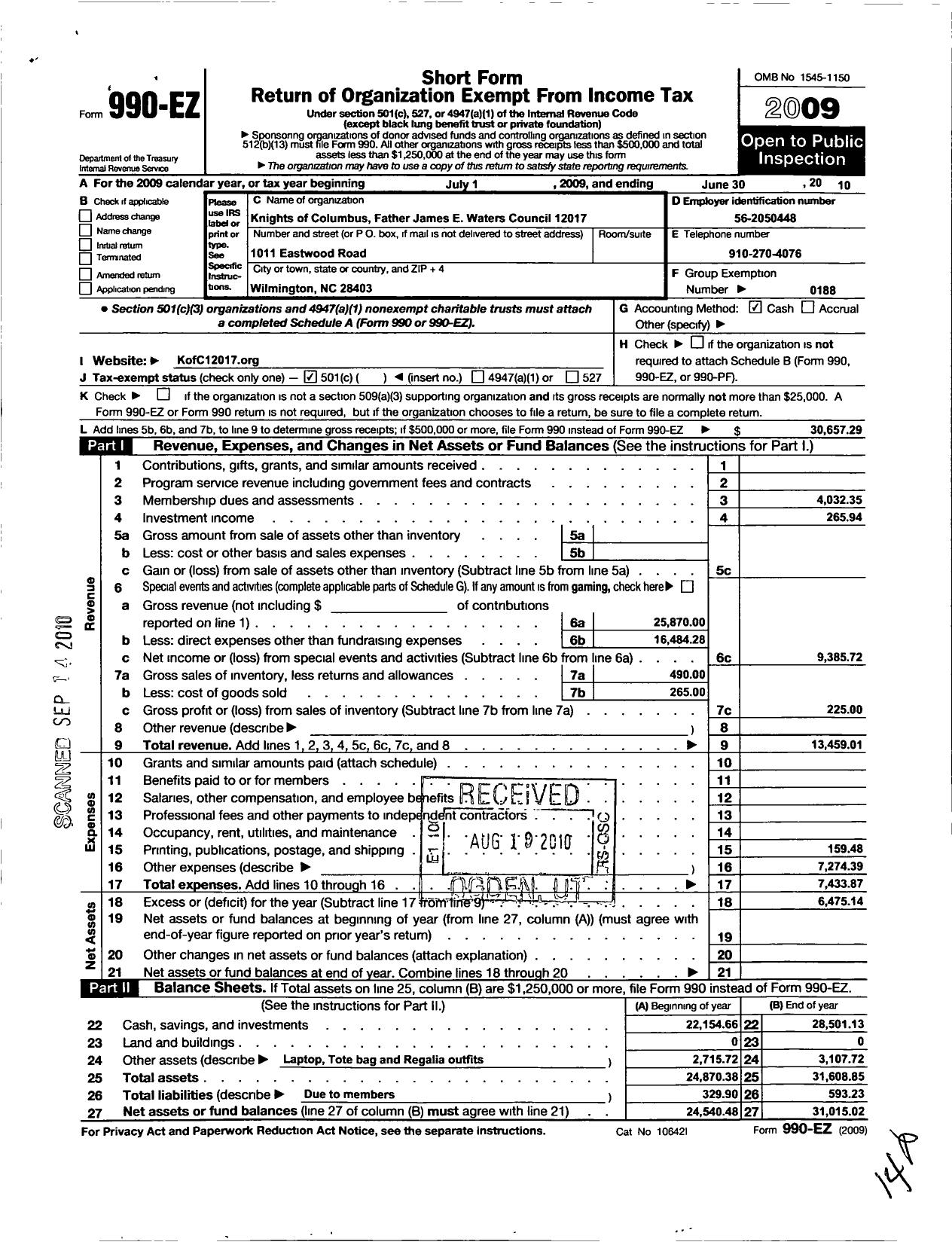 Image of first page of 2009 Form 990EO for Knights of Columbus - 12017 Council Father James E Waters