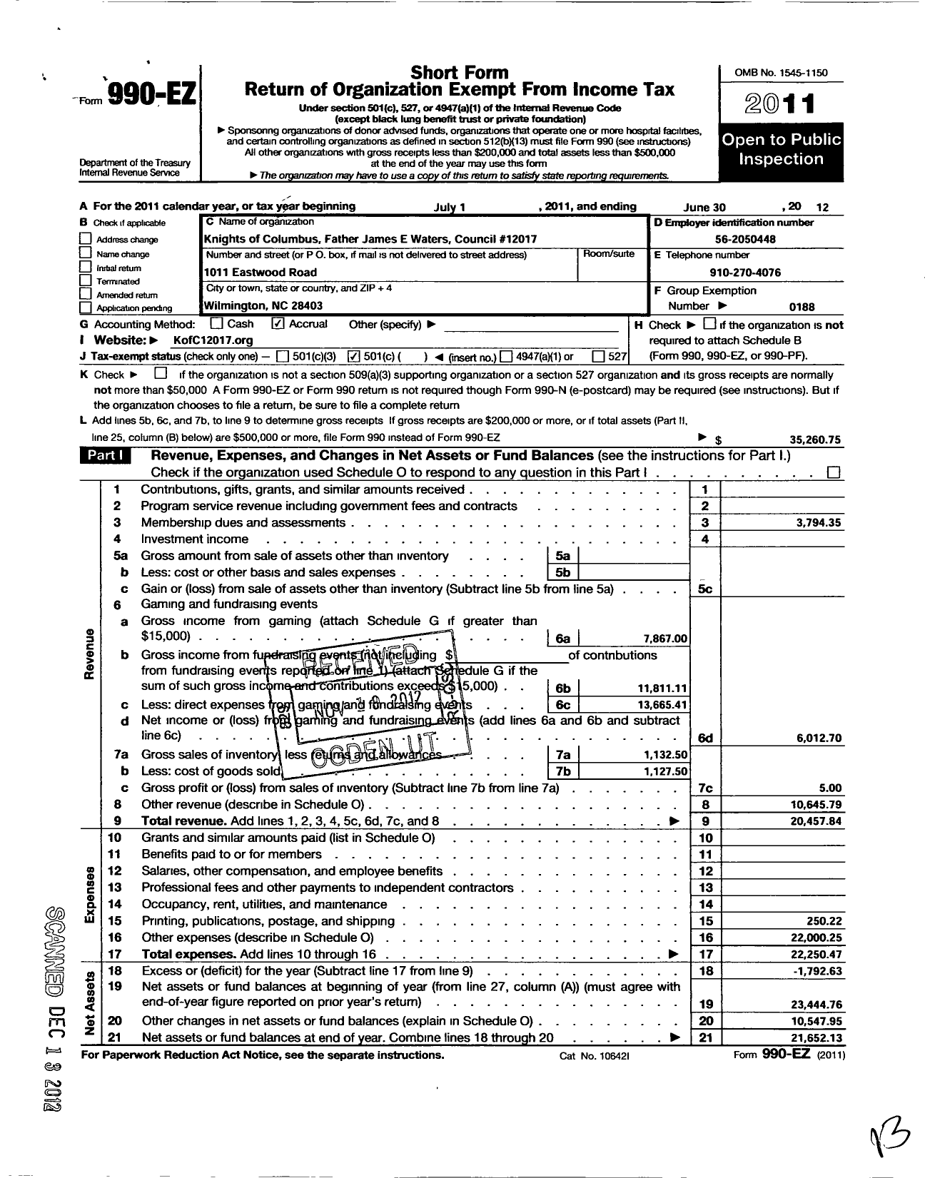 Image of first page of 2011 Form 990EO for Knights of Columbus - 12017 Council Father James E Waters