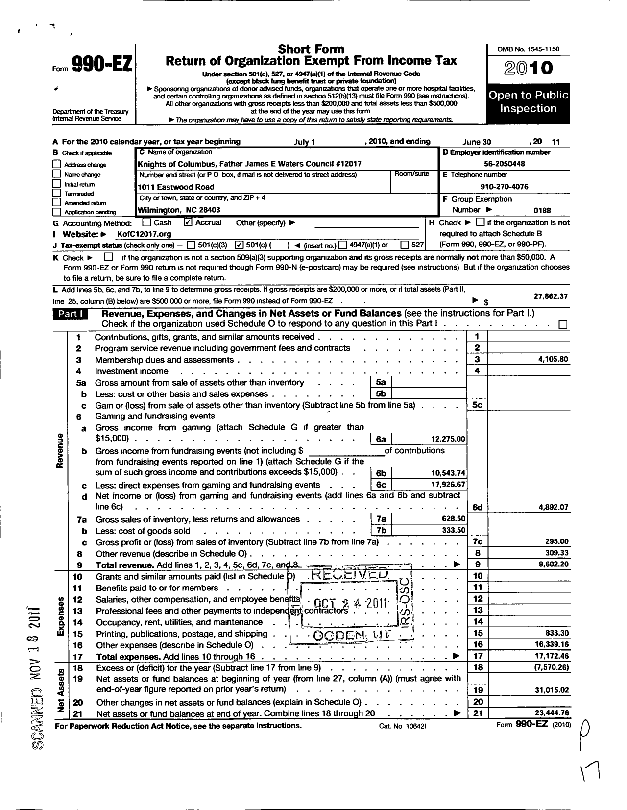 Image of first page of 2010 Form 990EO for Knights of Columbus - 12017 Council Father James E Waters