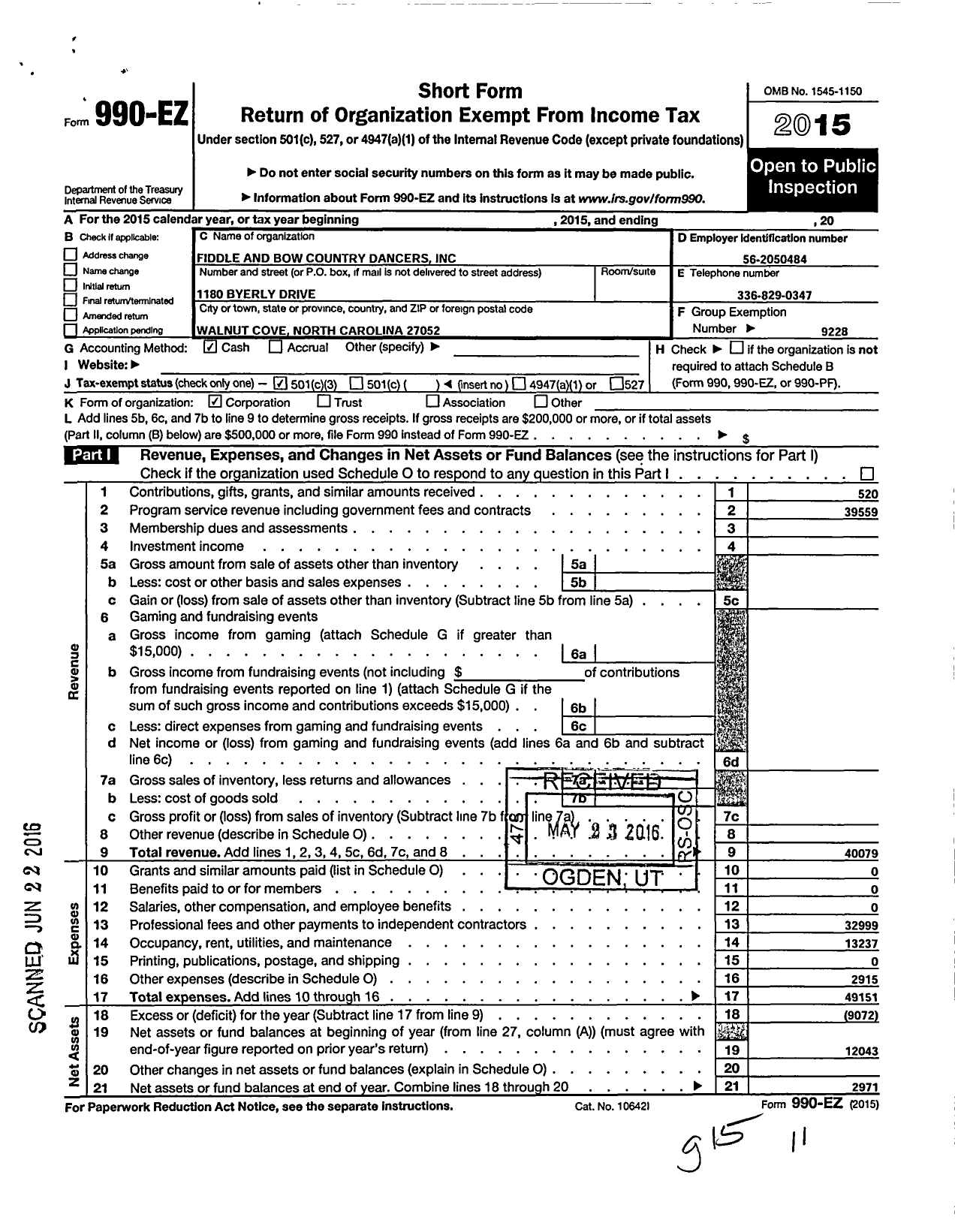 Image of first page of 2015 Form 990EZ for Fiddle and Bow Country Dancers