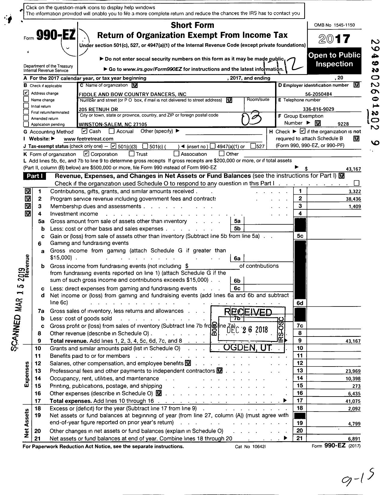 Image of first page of 2017 Form 990EZ for Fiddle and Bow Country Dancers