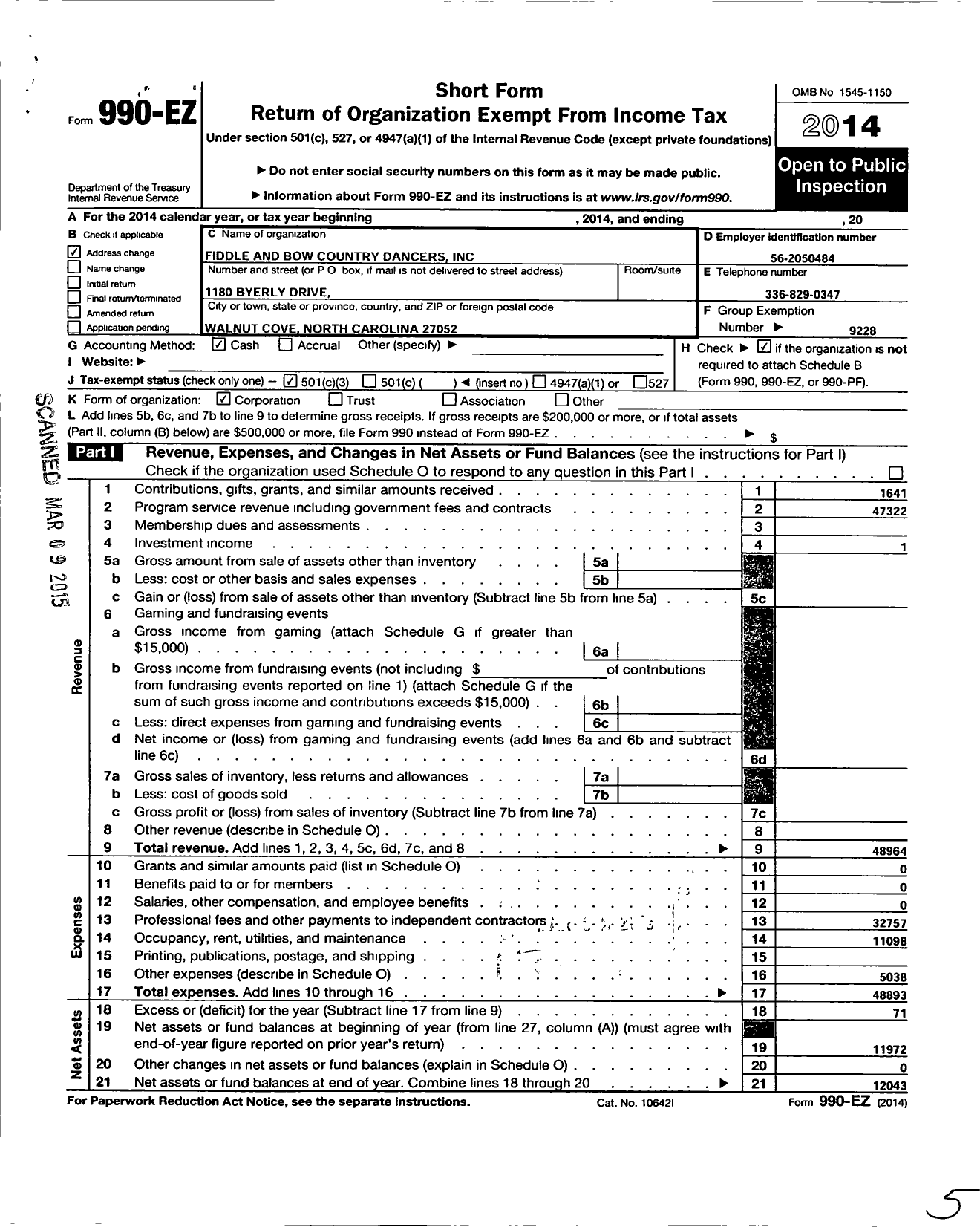 Image of first page of 2014 Form 990EZ for Fiddle and Bow Country Dancers