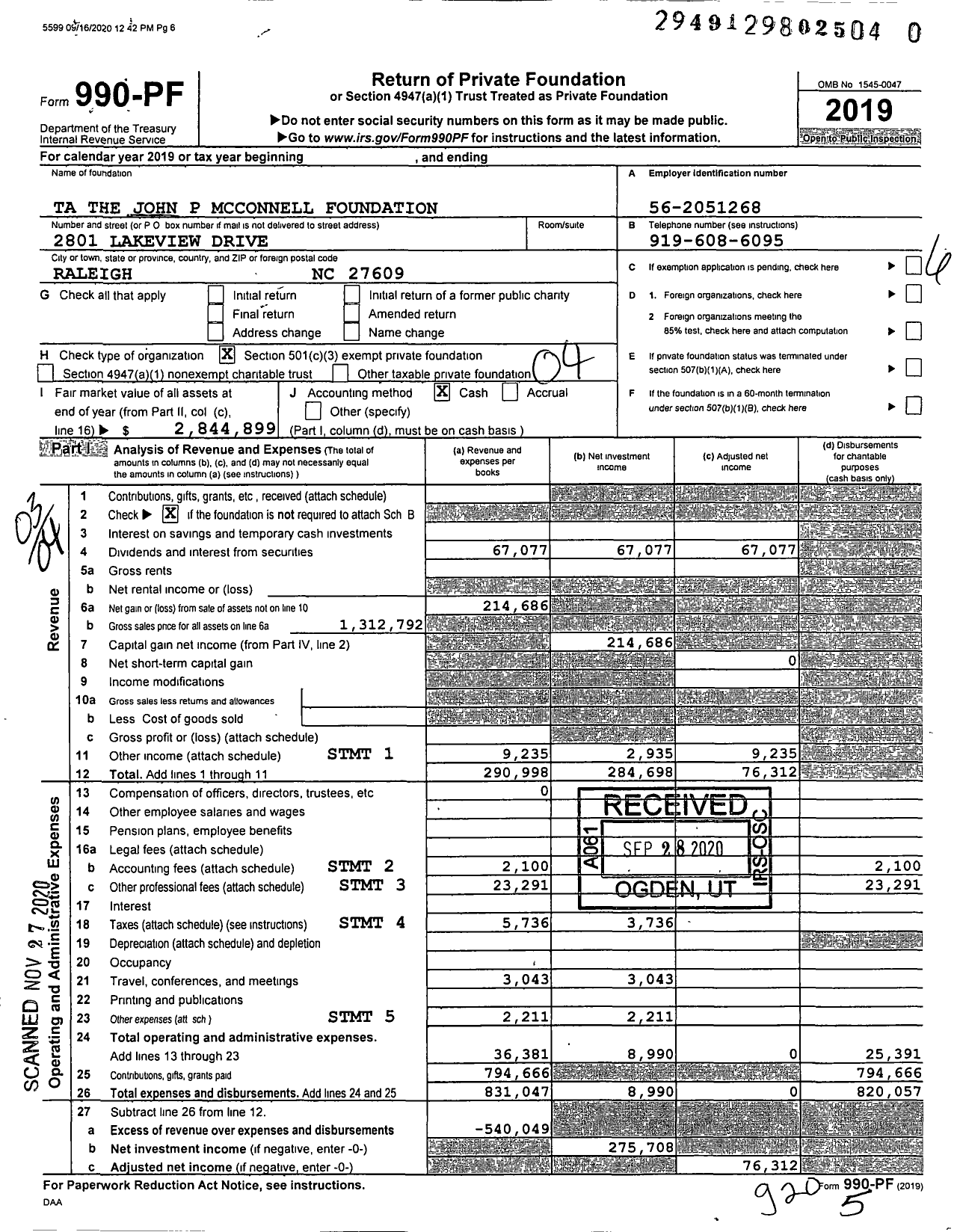 Image of first page of 2019 Form 990PF for Ta the John P Mcconnell Foundation