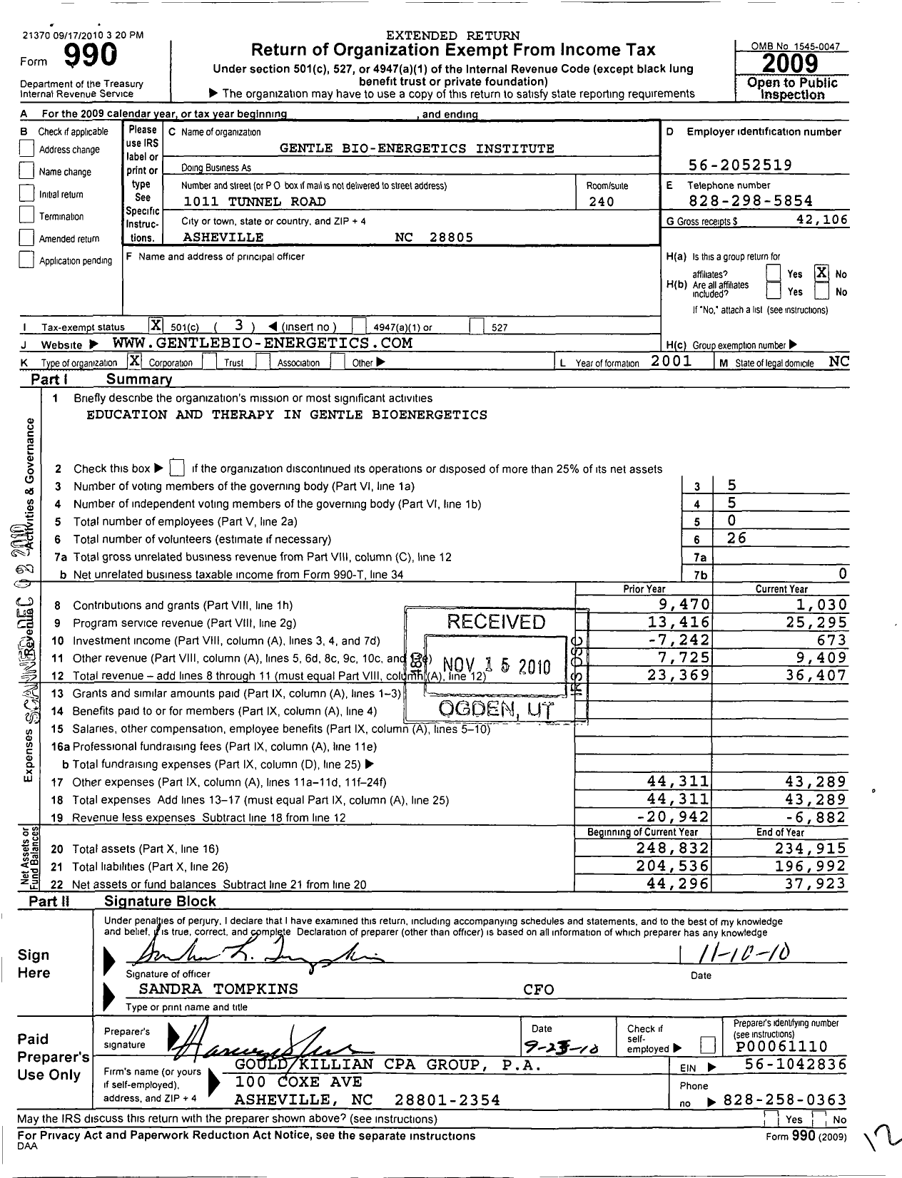 Image of first page of 2009 Form 990 for Gentle Bio-Energetics Institute