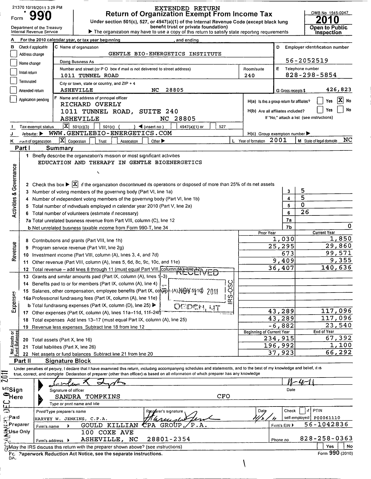 Image of first page of 2010 Form 990 for Gentle Bio-Energetics Institute