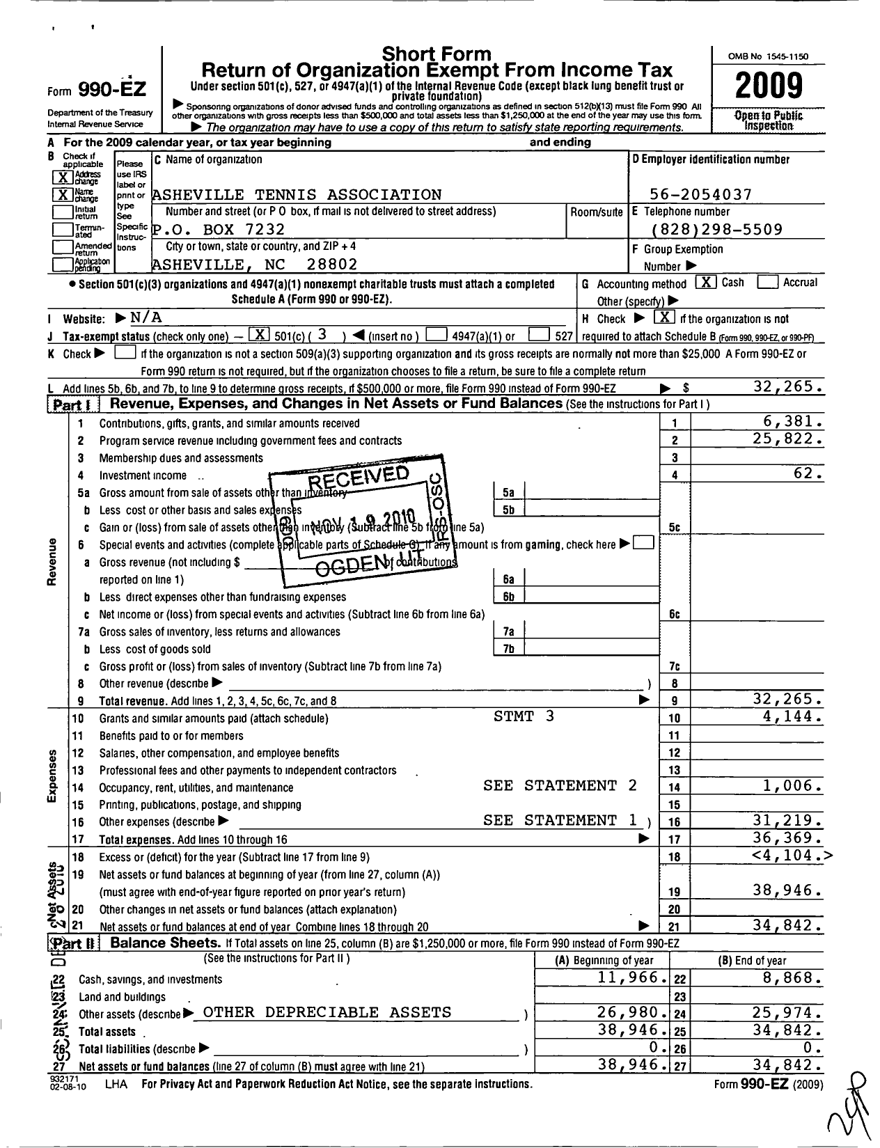 Image of first page of 2009 Form 990EZ for Asheville Tennis Association