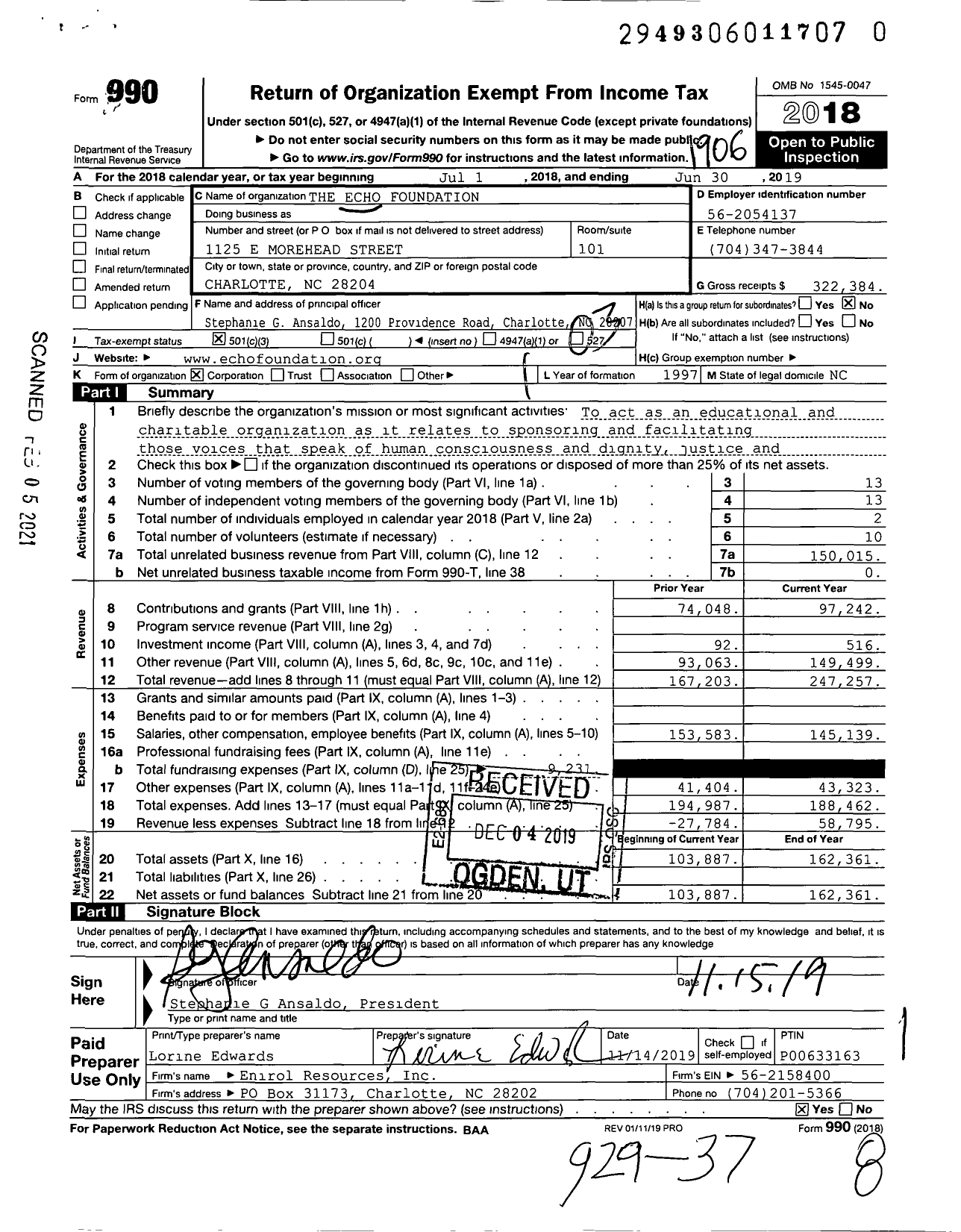 Image of first page of 2018 Form 990 for The Echo Foundation