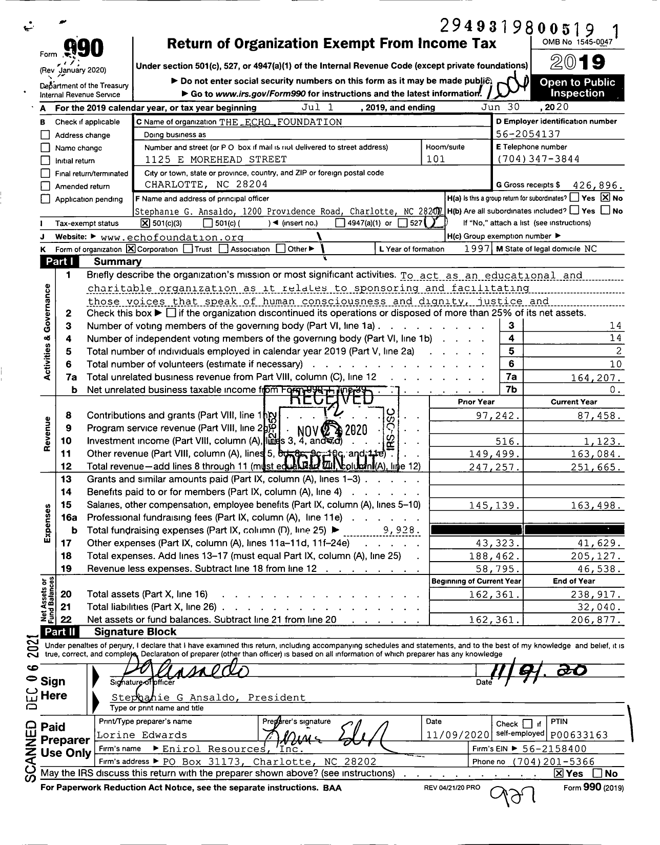 Image of first page of 2019 Form 990 for The Echo Foundation