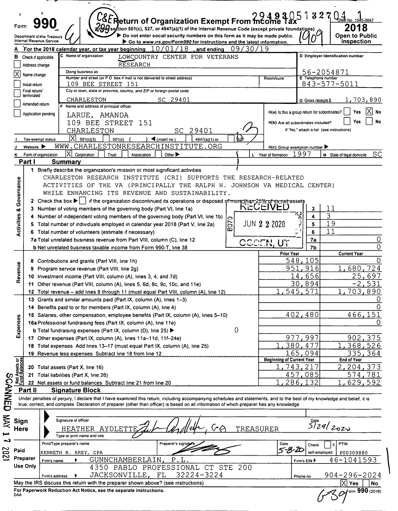 Image of first page of 2018 Form 990 for Lowcountry Center for Veterans Research