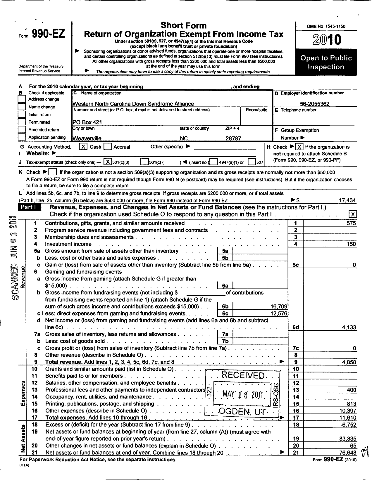 Image of first page of 2010 Form 990EZ for Western Carolina Down Syndrome Alliance