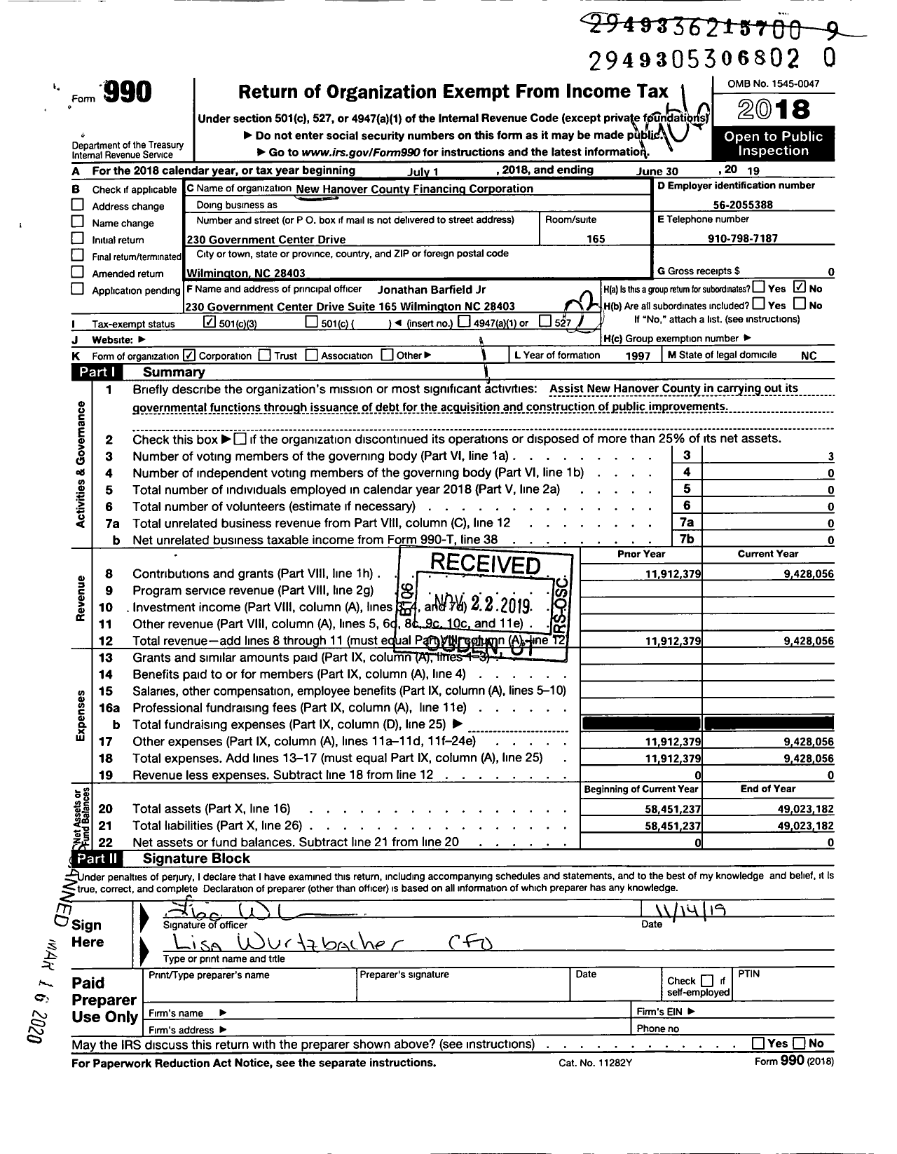 Image of first page of 2018 Form 990 for New Hanover County Financing Corporation
