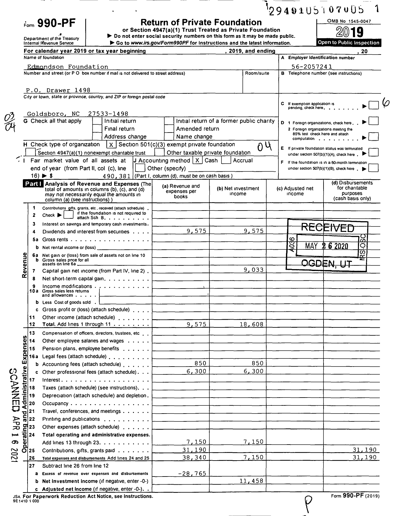 Image of first page of 2019 Form 990PF for Edmondson Foundation