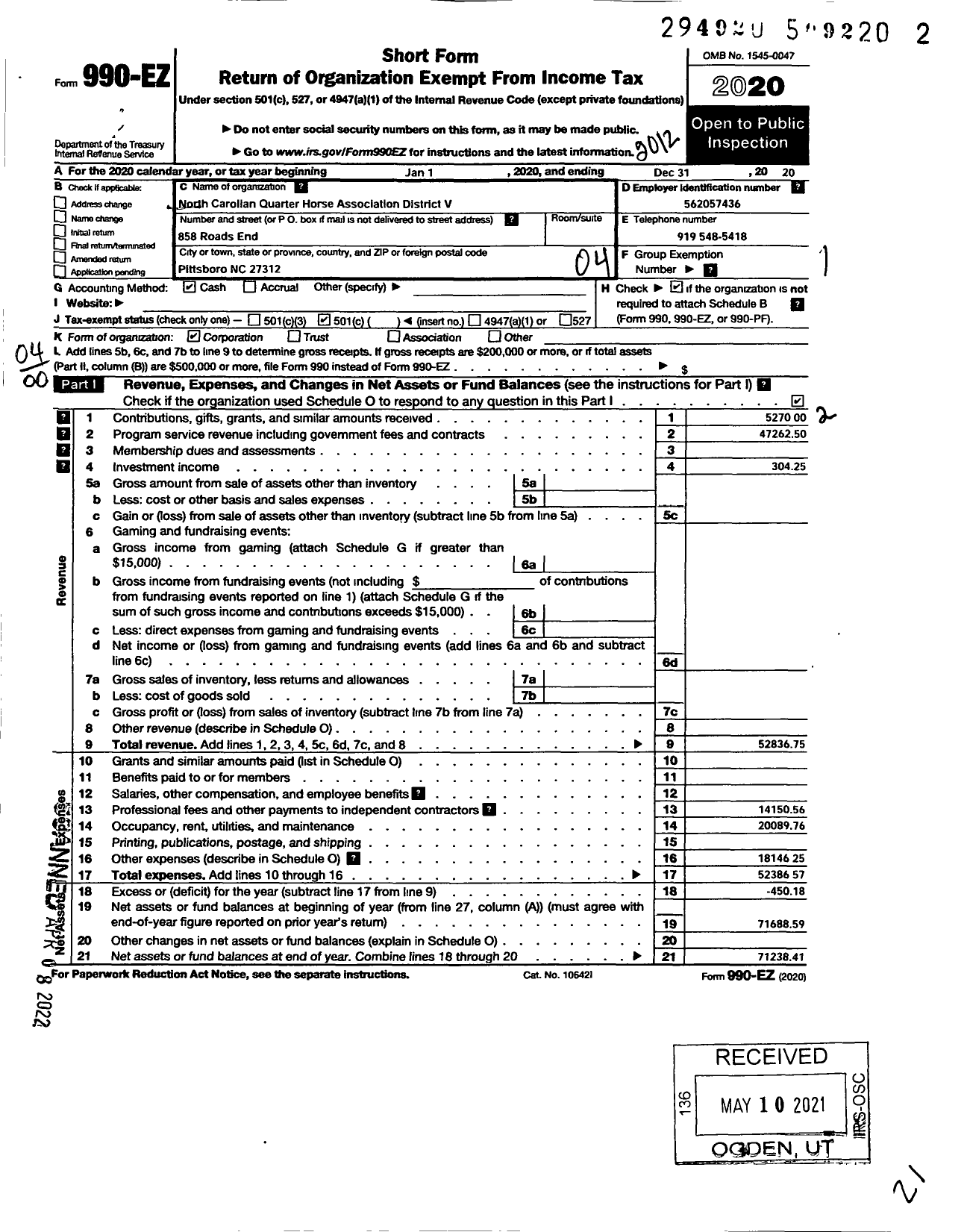 Image of first page of 2020 Form 990EO for North Carolina Amateur Quarter Horse Association