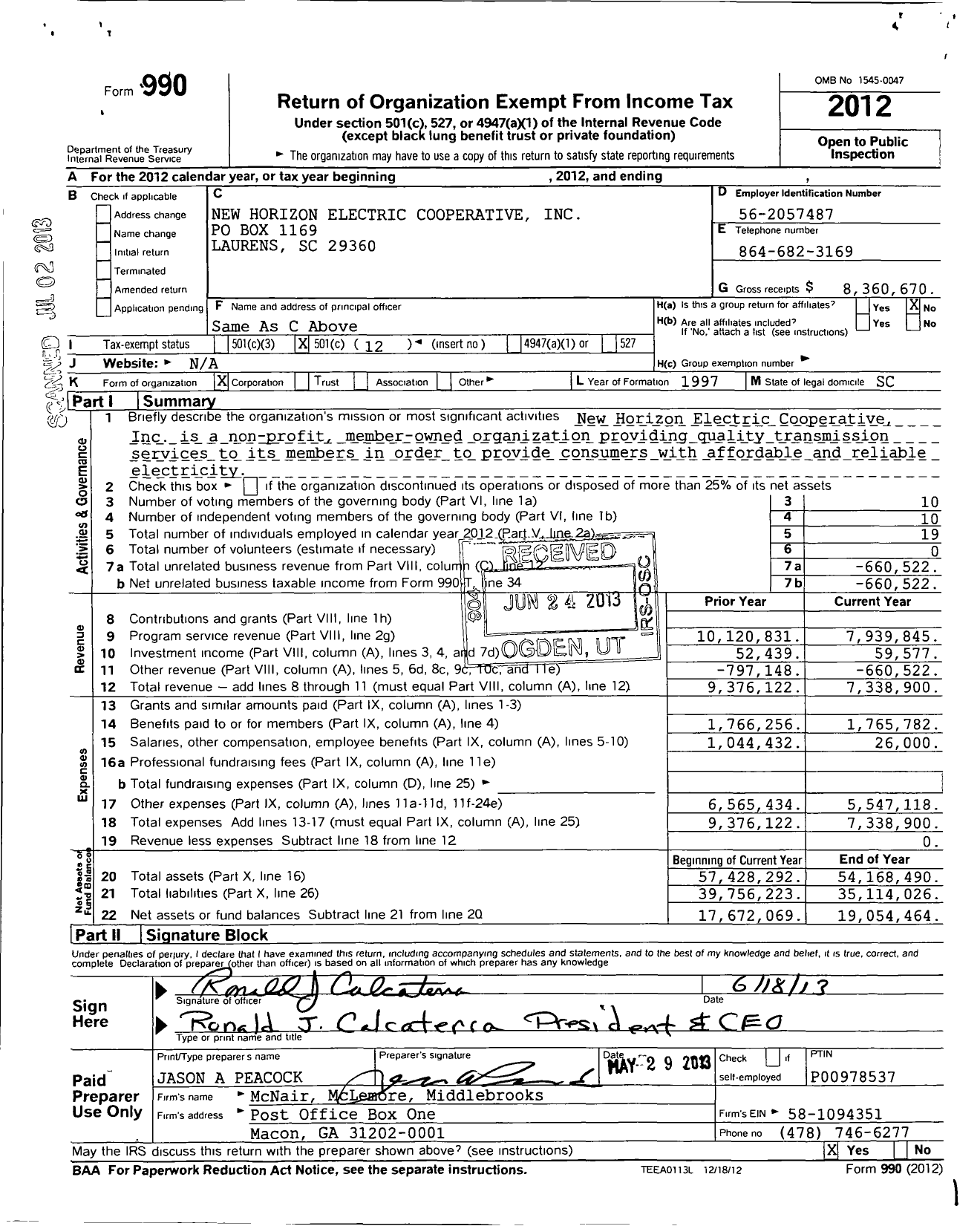 Image of first page of 2012 Form 990O for New Horizon Electric Cooperative