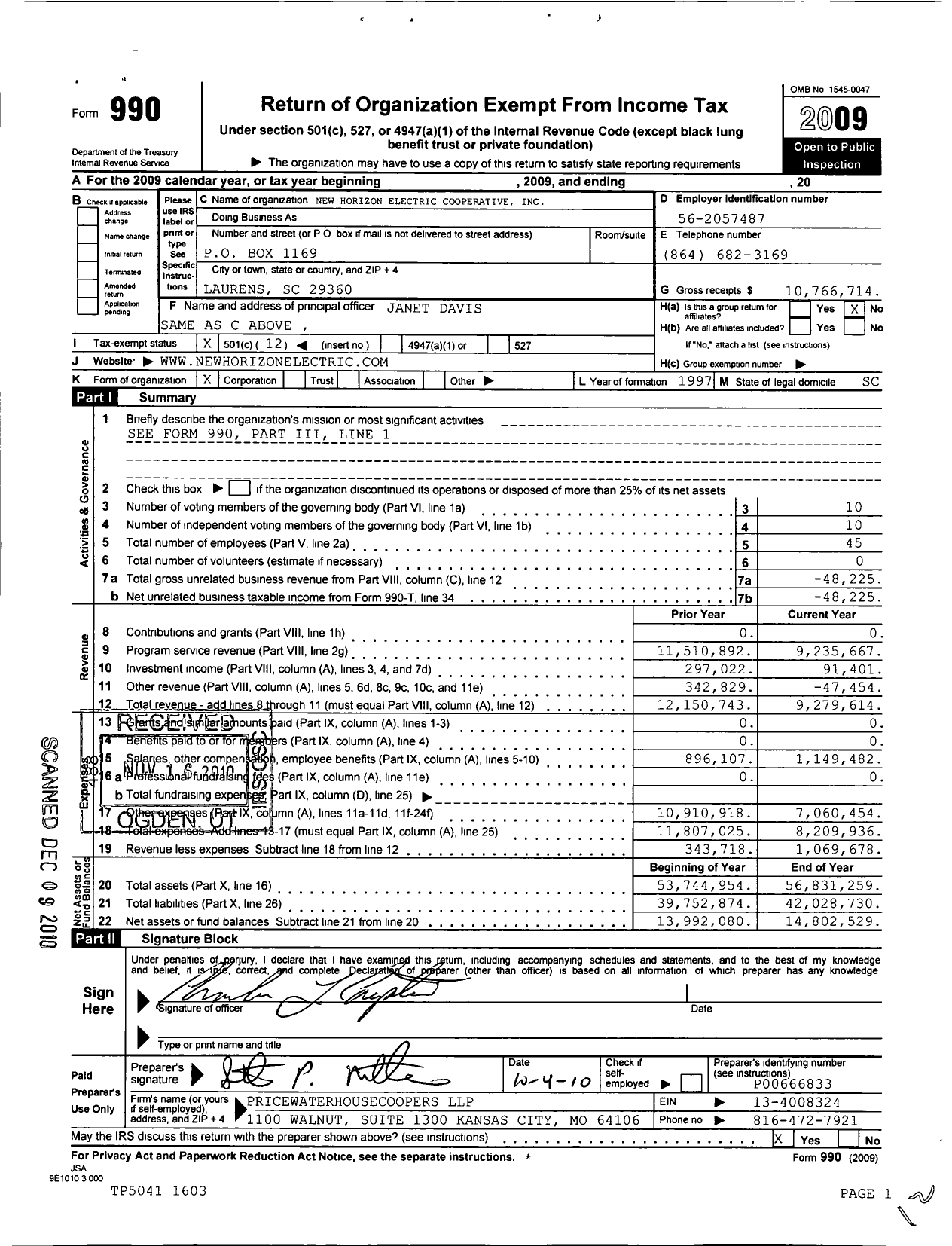 Image of first page of 2009 Form 990O for New Horizon Electric Cooperative