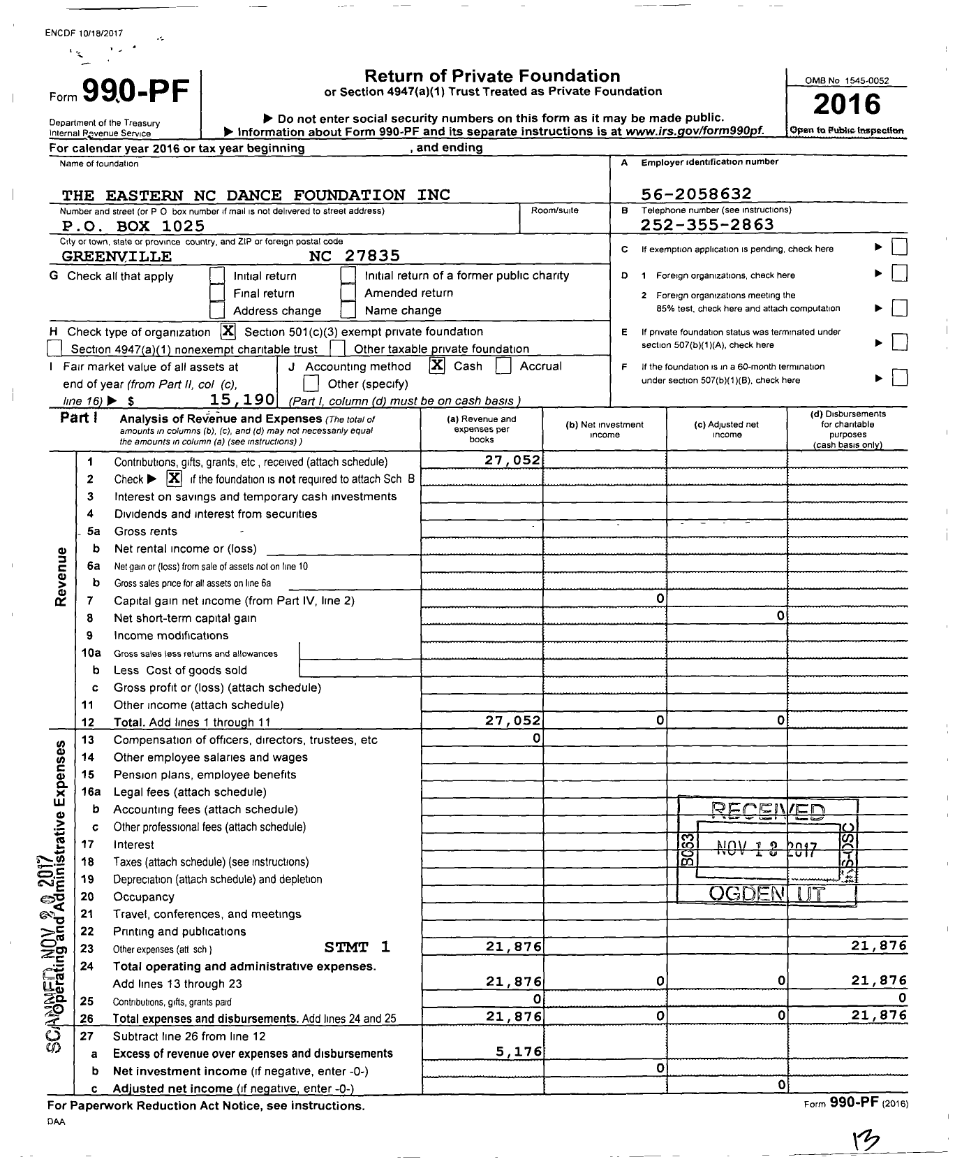 Image of first page of 2016 Form 990PF for The Eastern NC Dance Foundation