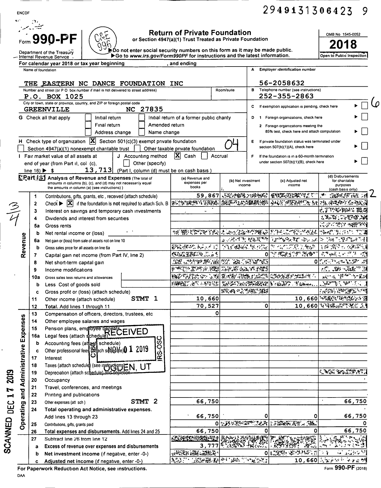 Image of first page of 2018 Form 990PF for The Eastern NC Dance Foundation