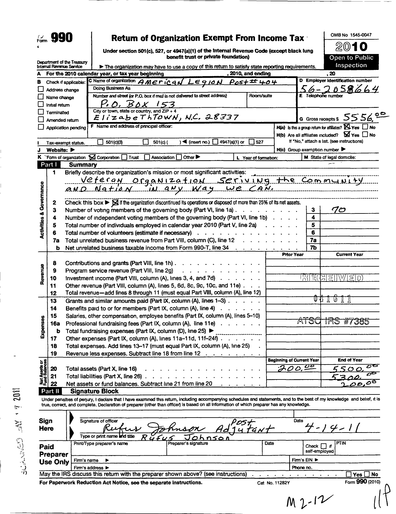 Image of first page of 2010 Form 990O for American Legion - 404 Mcdowell-Lessane Post