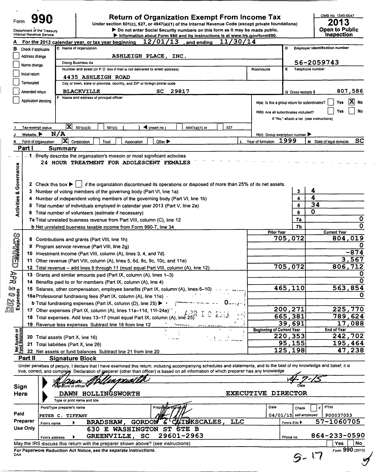 Image of first page of 2013 Form 990 for Ashleigh Place