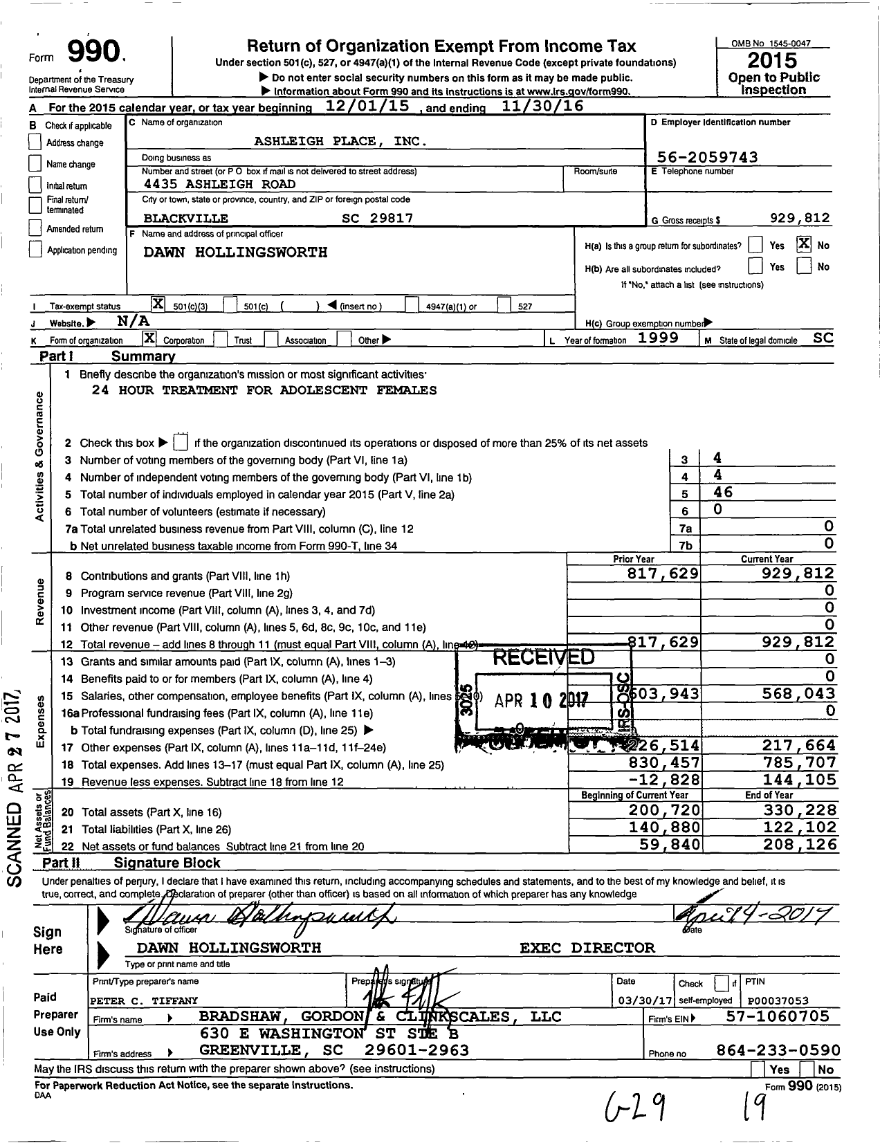 Image of first page of 2015 Form 990 for Ashleigh Place