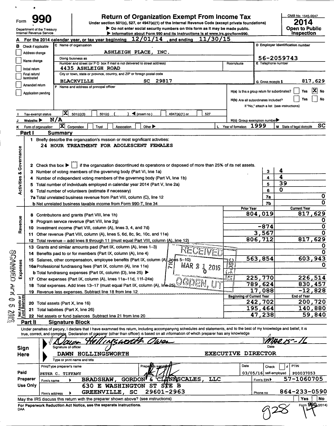 Image of first page of 2014 Form 990 for Ashleigh Place