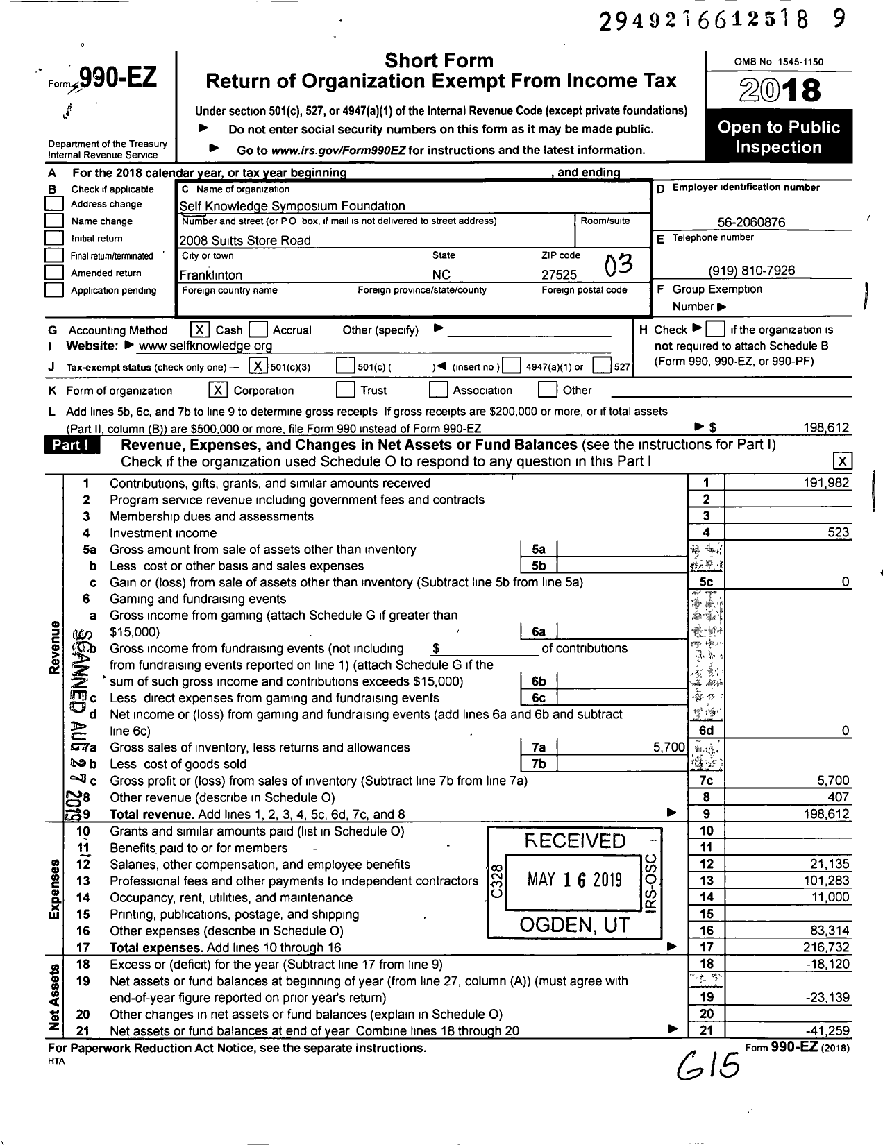 Image of first page of 2018 Form 990EZ for Self Knowledge Symposium Foundation