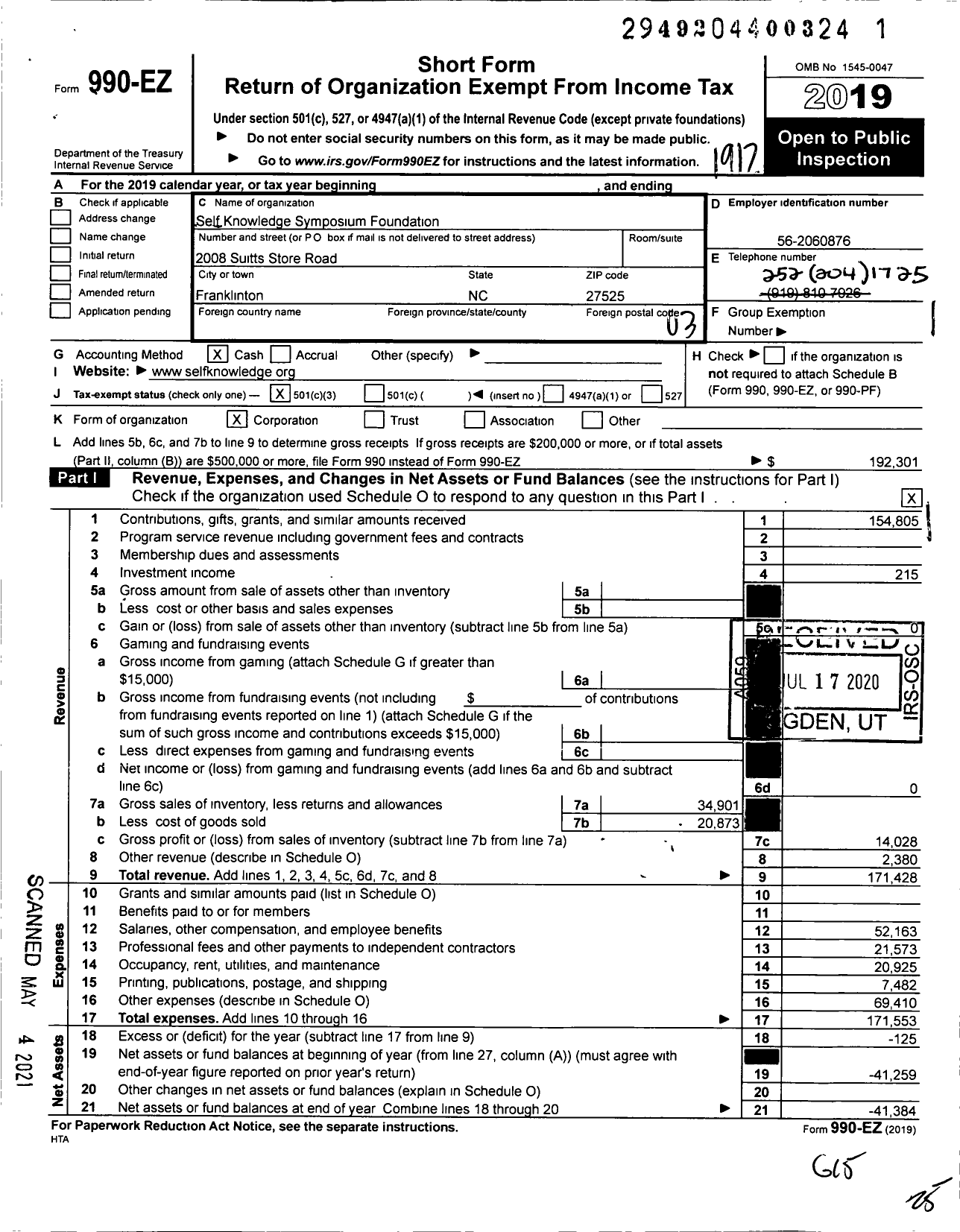 Image of first page of 2019 Form 990EZ for Self Knowledge Symposium Foundation