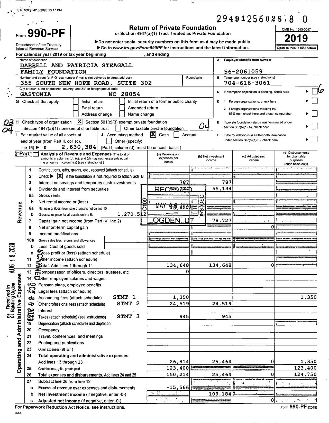 Image of first page of 2019 Form 990PR for Darrell and Patricia Steagall Family Foundation