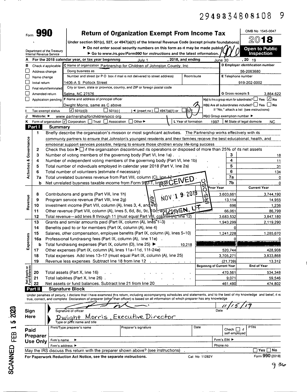 Image of first page of 2018 Form 990 for Partnership for Children of Johnston County