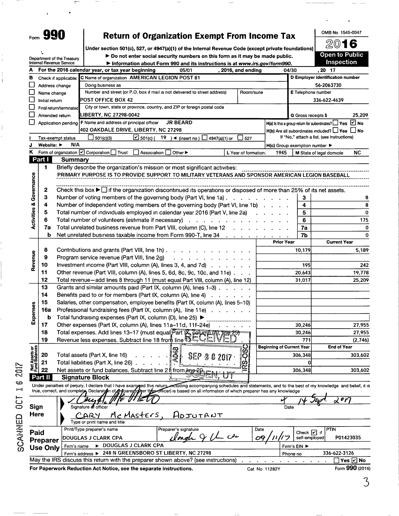 Image of first page of 2016 Form 990O for American Legion - 0081 Liberty