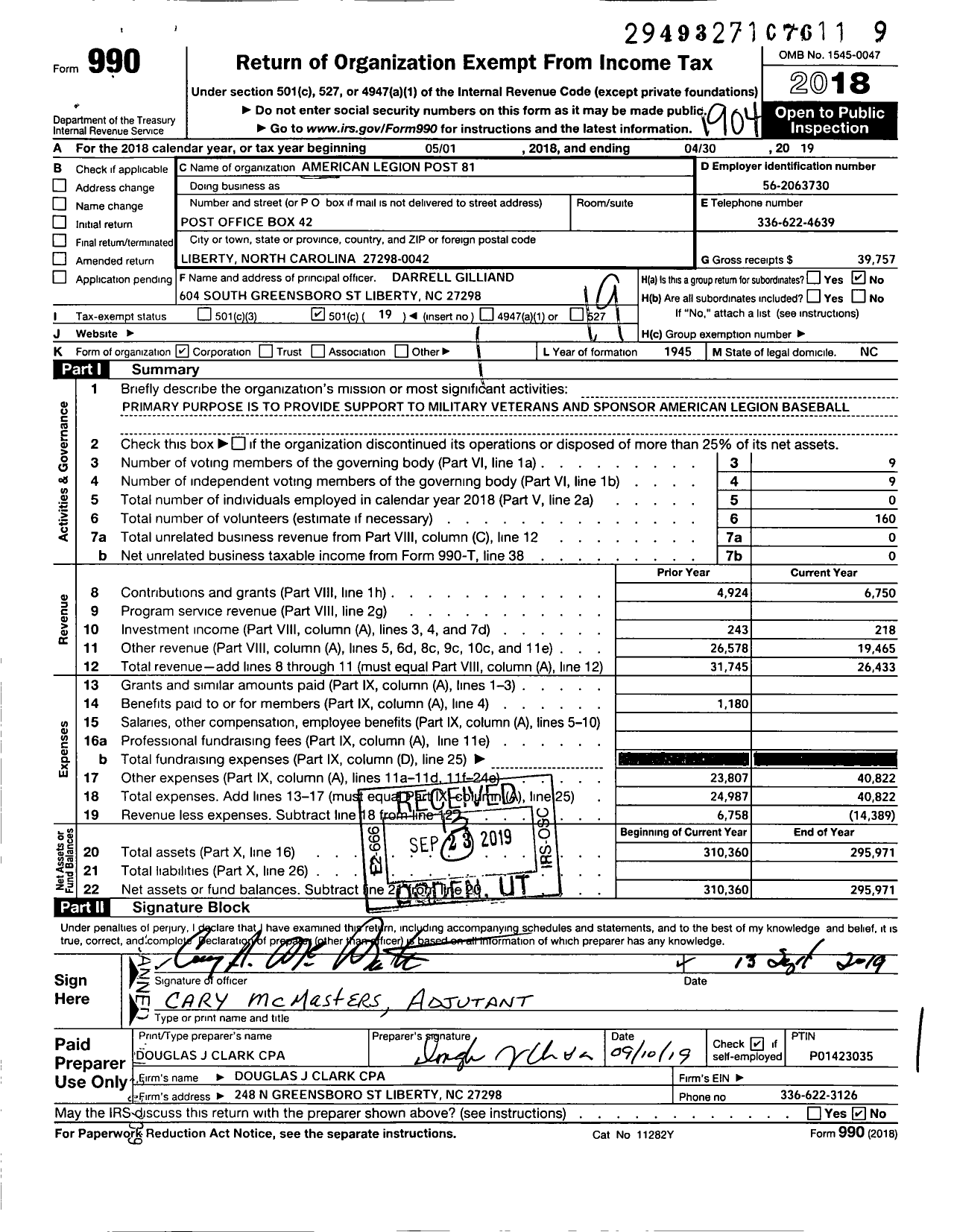 Image of first page of 2018 Form 990O for American Legion - 0081 Liberty