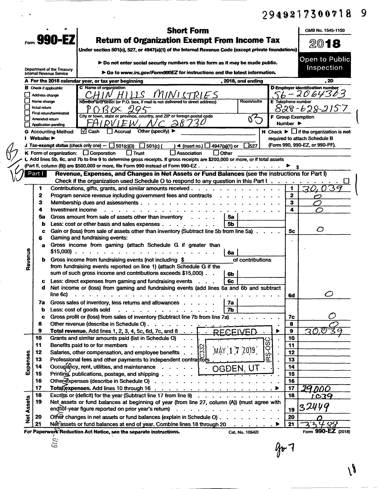 Image of first page of 2018 Form 990EZ for Chin Hills Ministries