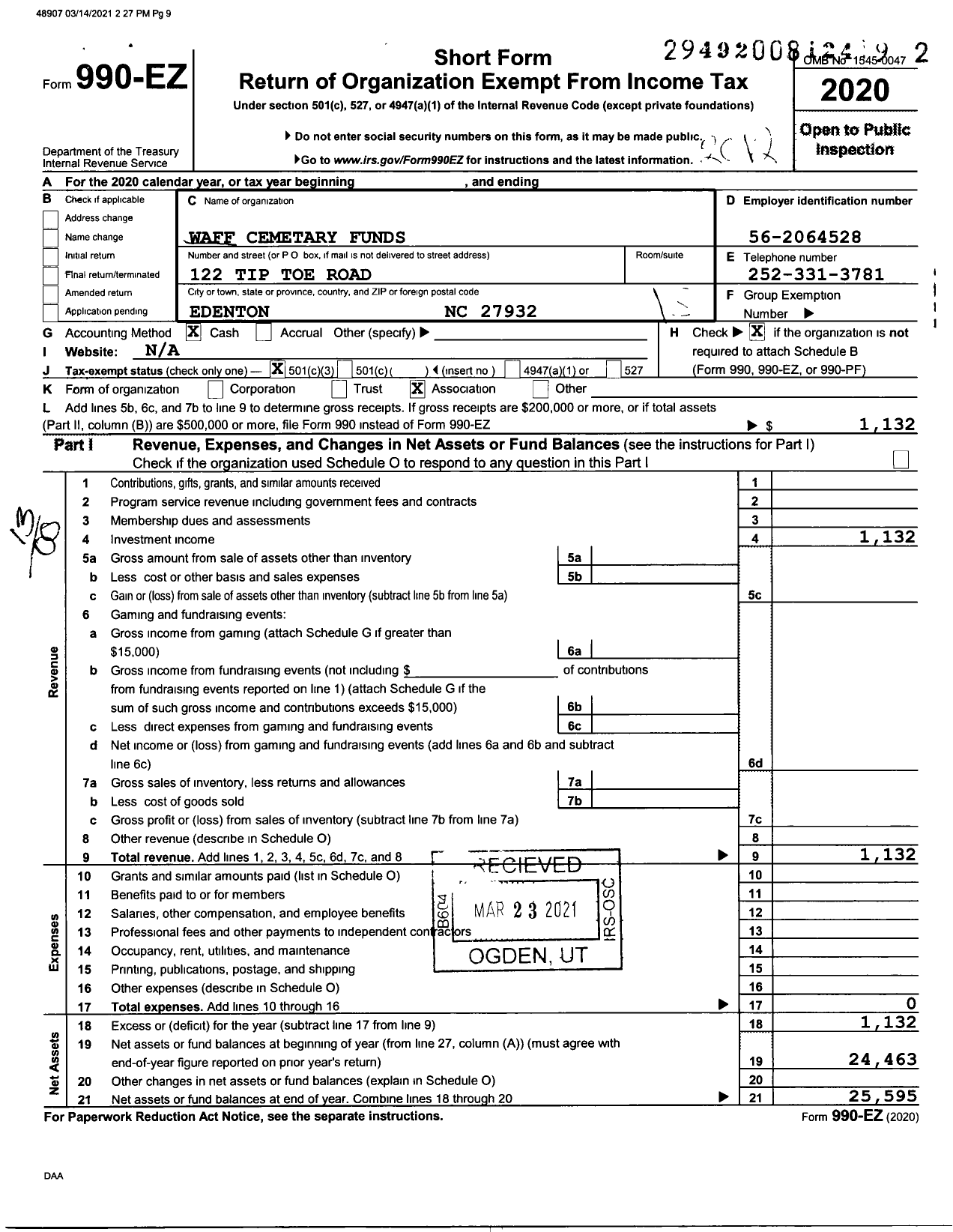 Image of first page of 2020 Form 990EO for Waff Cemetary Funds