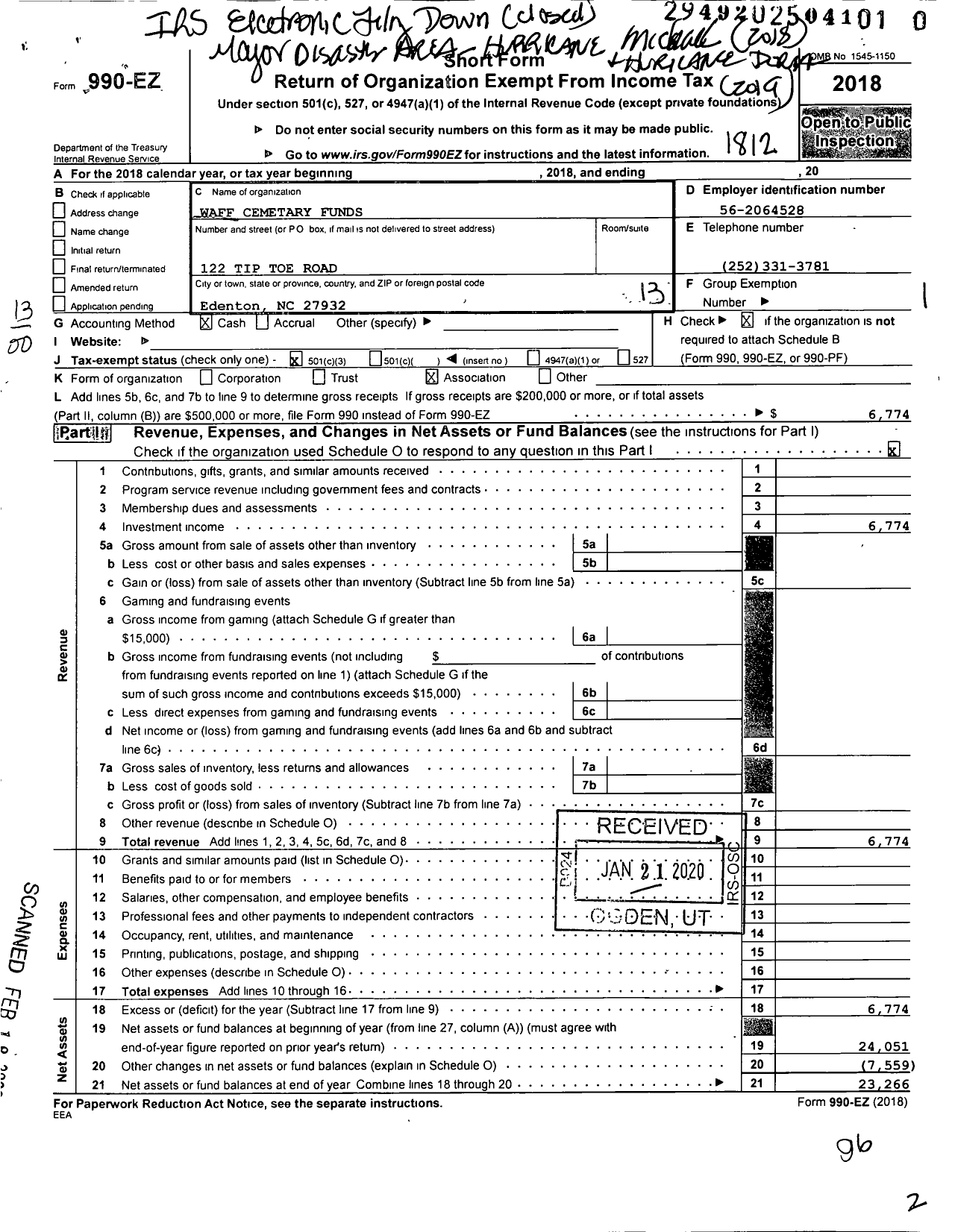 Image of first page of 2018 Form 990EO for Waff Cemetary Funds