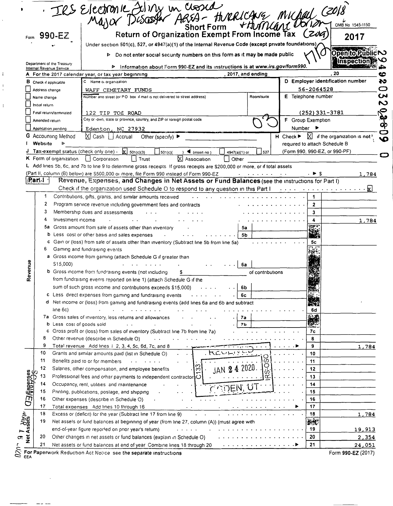 Image of first page of 2017 Form 990EZ for Waff Cemetary Funds