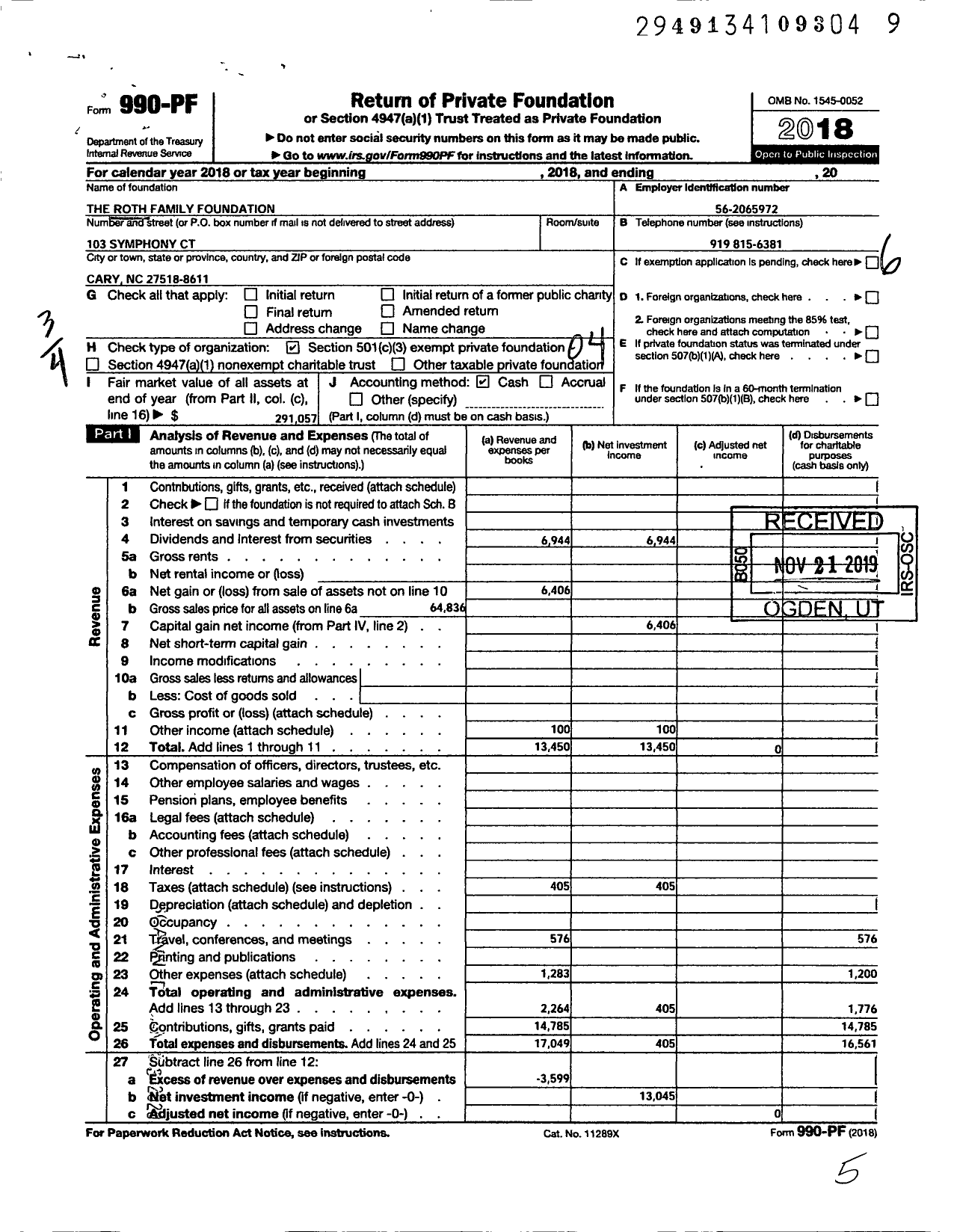 Image of first page of 2018 Form 990PF for The Roth Family Foundation