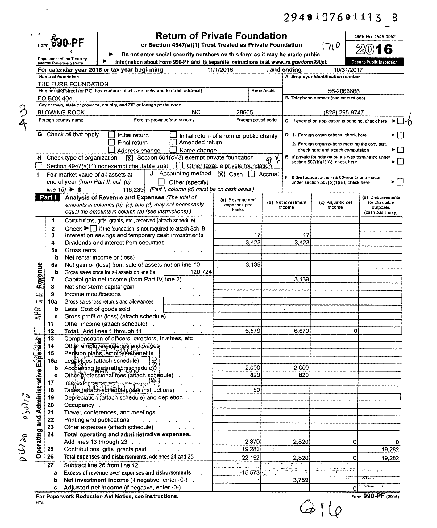 Image of first page of 2016 Form 990PF for The Furr Foundation