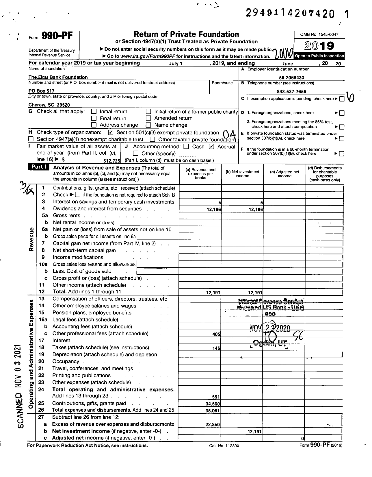 Image of first page of 2019 Form 990PF for The First Bank Foundation