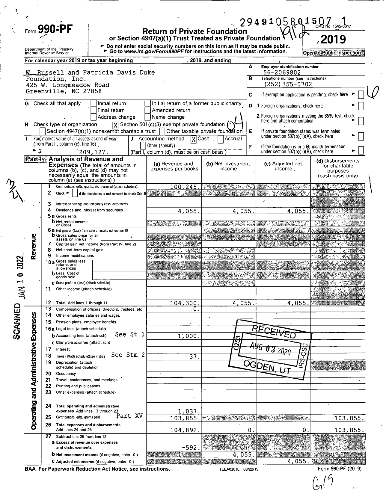 Image of first page of 2019 Form 990PF for W Russell and Patricia Davis Duke Foundation