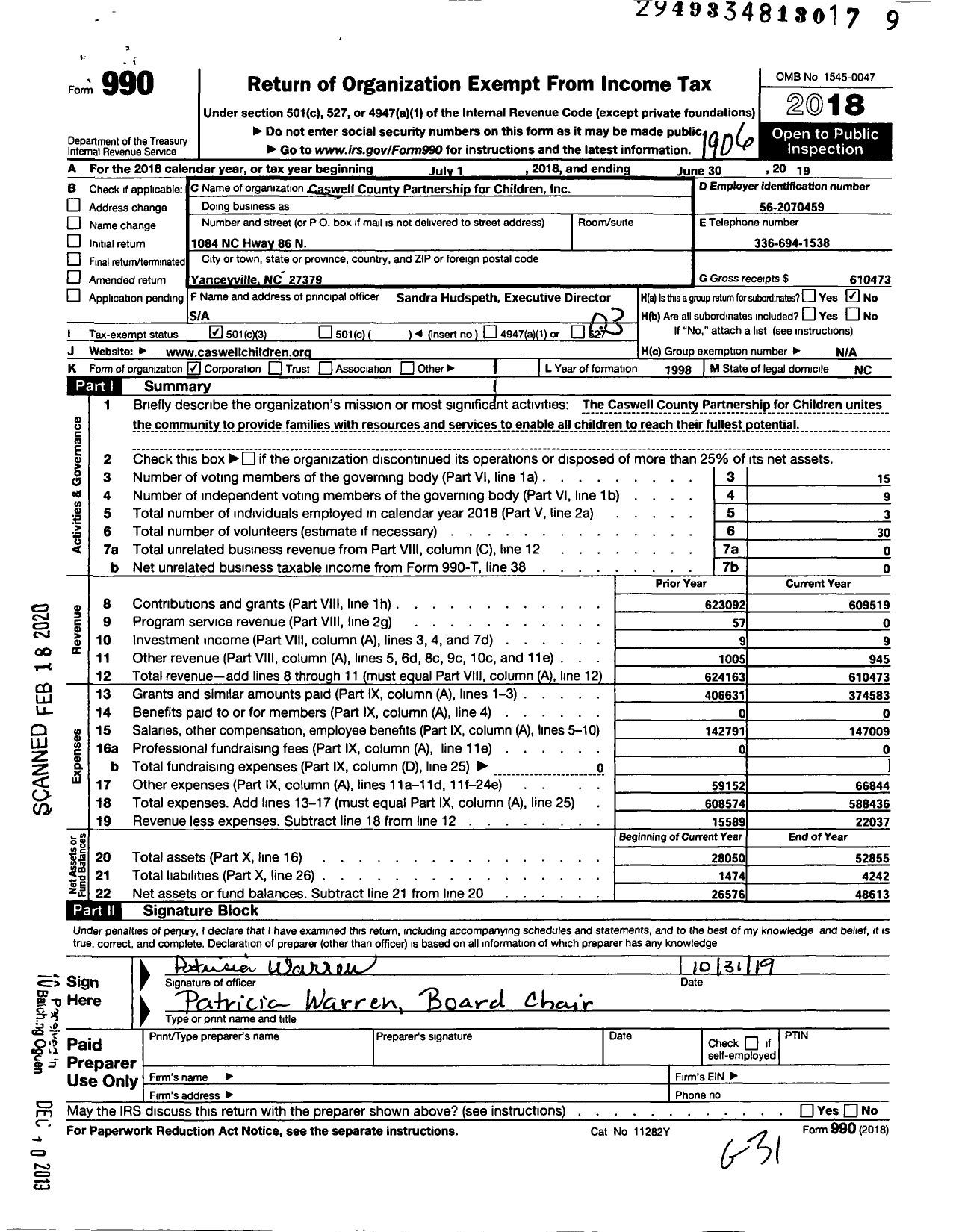 Image of first page of 2018 Form 990 for Caswell County Partnership for Children (CCPFC)