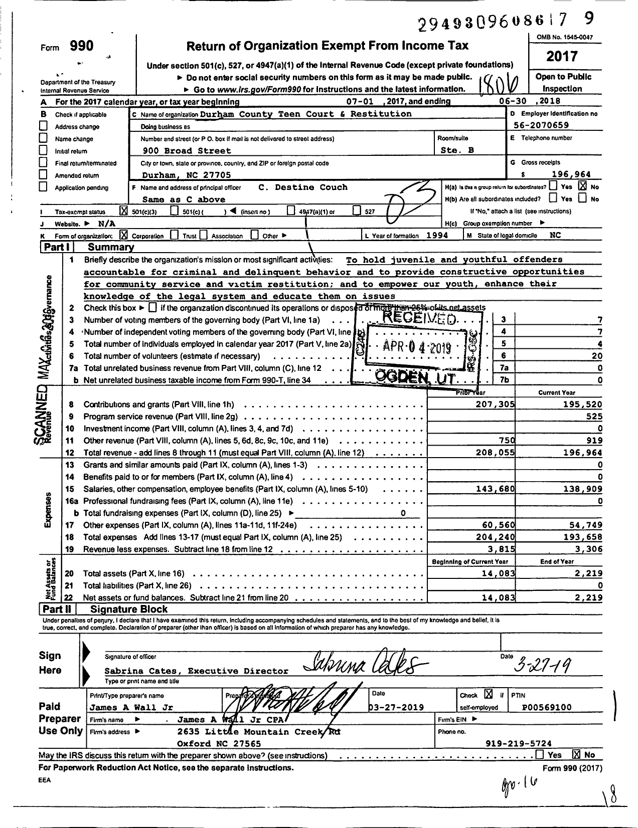 Image of first page of 2017 Form 990 for Durham County Teen Court & Restitution