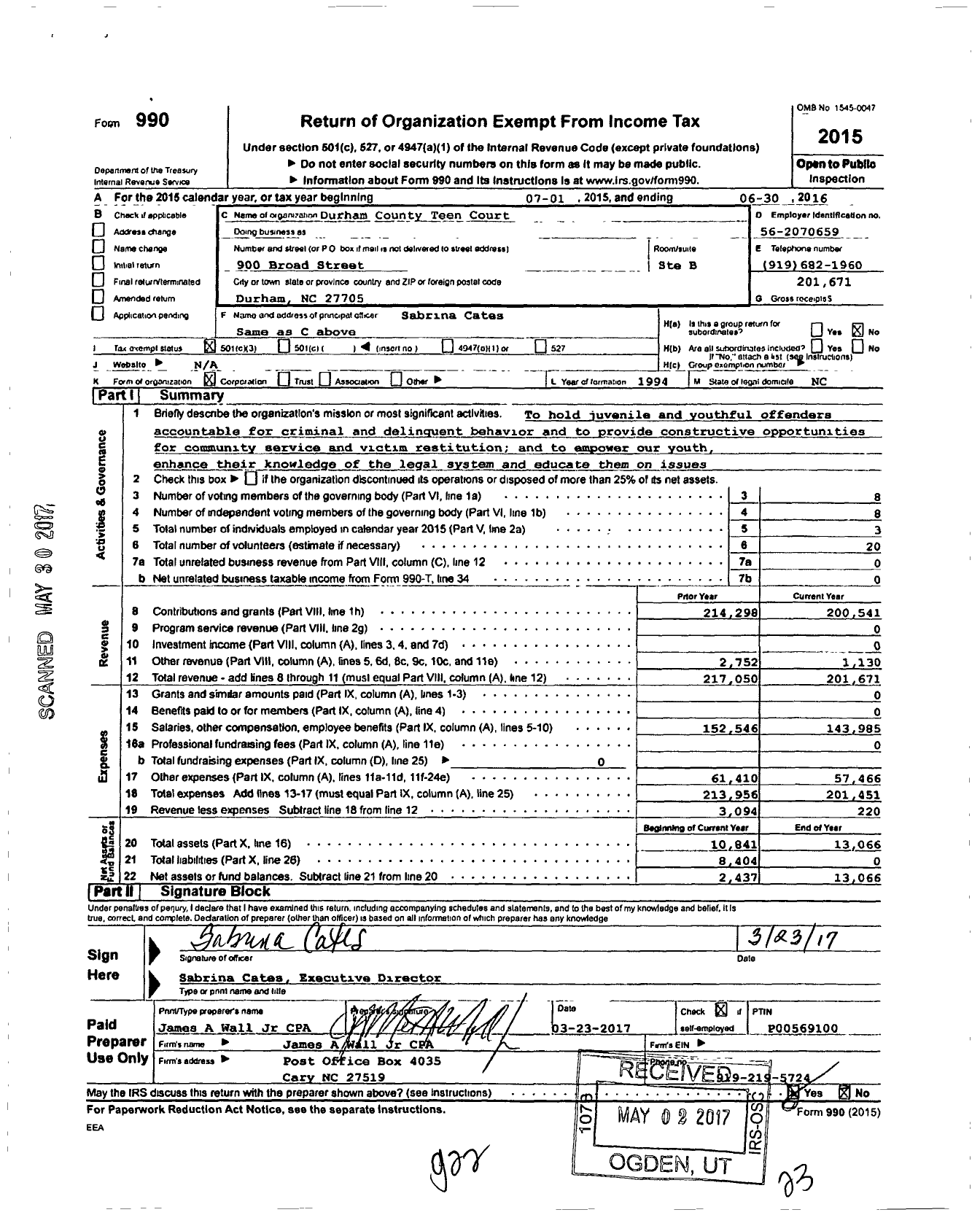 Image of first page of 2015 Form 990 for Durham County Teen Court & Restitution