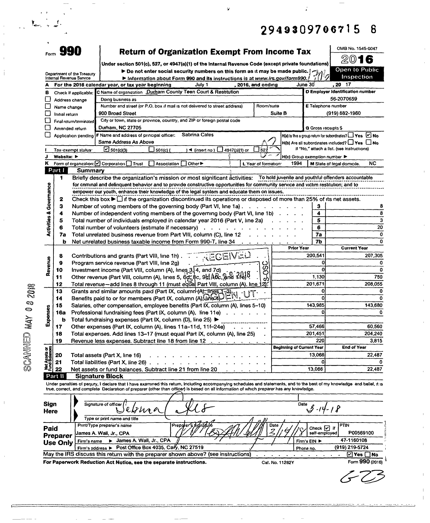 Image of first page of 2016 Form 990 for Durham County Teen Court & Restitution