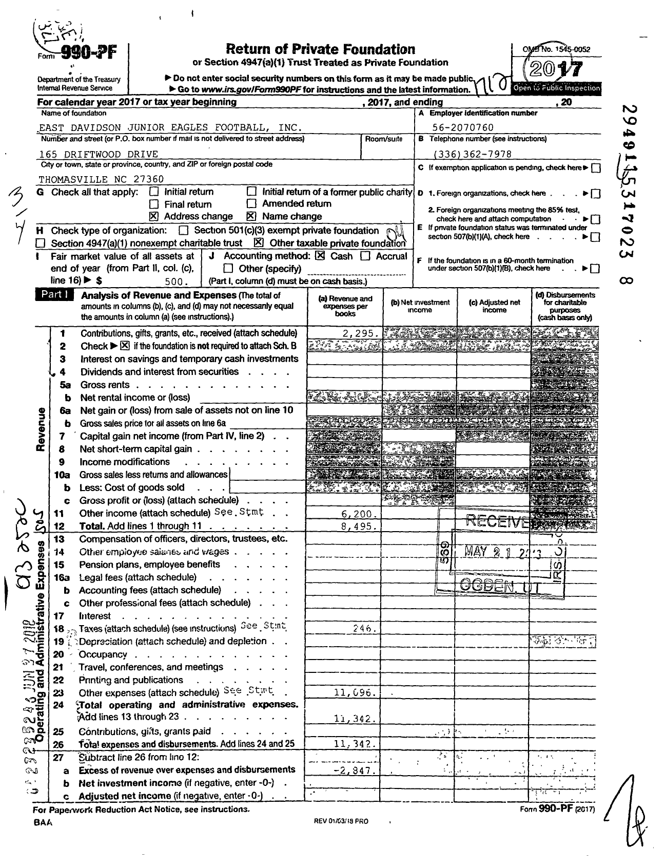 Image of first page of 2017 Form 990PF for East Davidson Junior Eagles Football