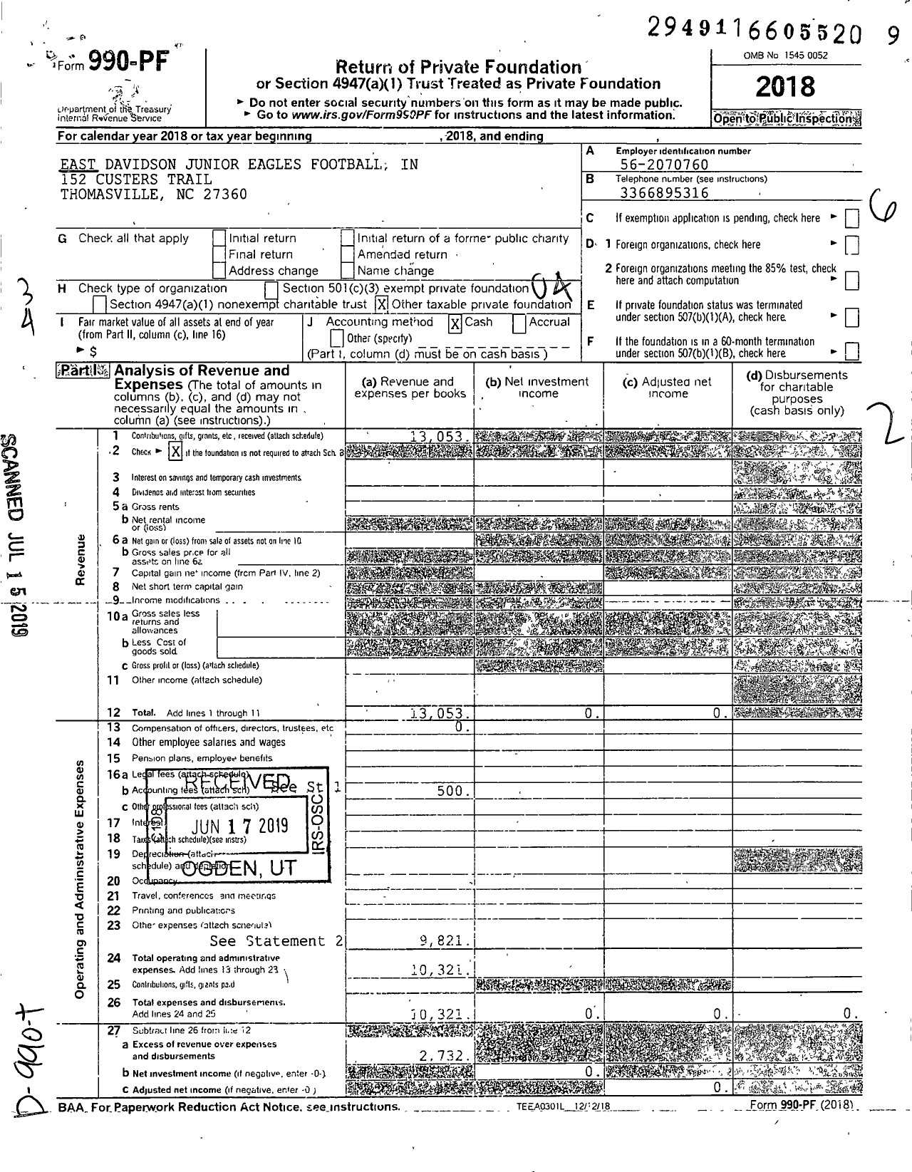 Image of first page of 2018 Form 990PF for East Davidson Junior Eagles Football