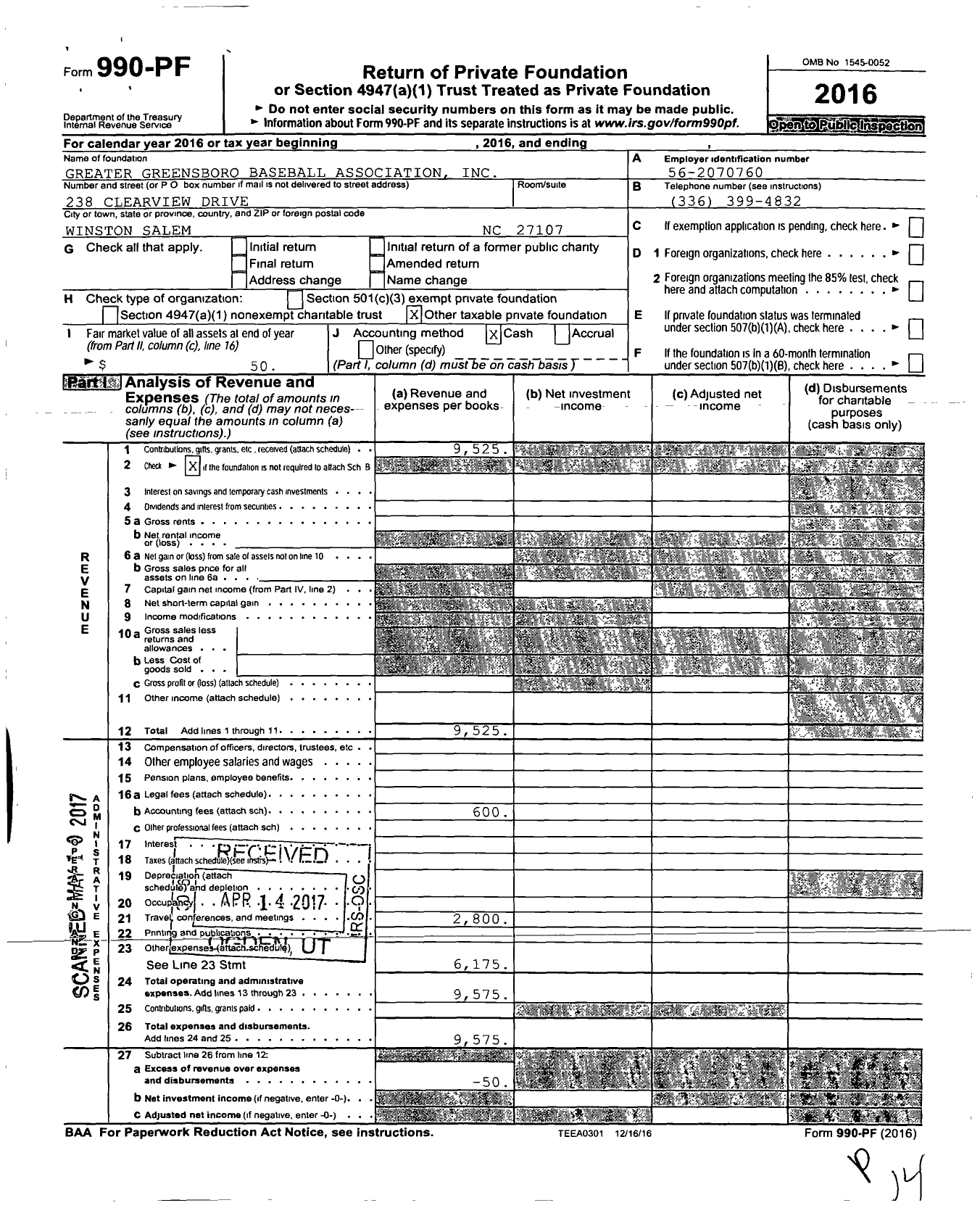 Image of first page of 2016 Form 990PF for East Davidson Junior Eagles Football