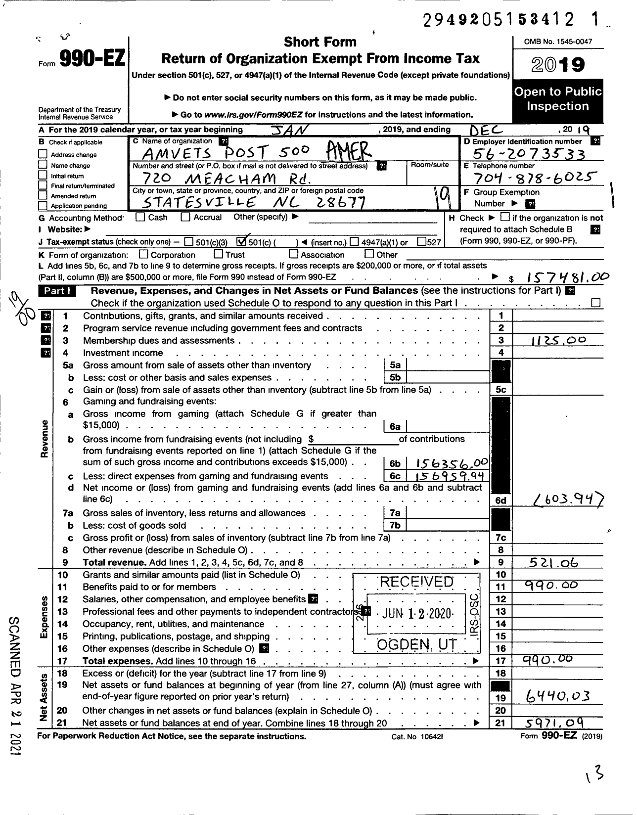 Image of first page of 2019 Form 990EO for Amvets - 500 NC Post