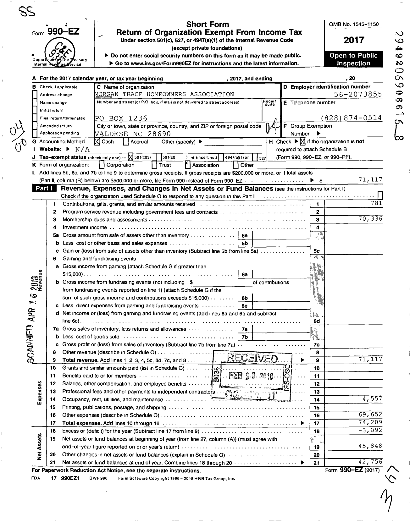 Image of first page of 2017 Form 990EO for Morgan Trace Homeowners Association