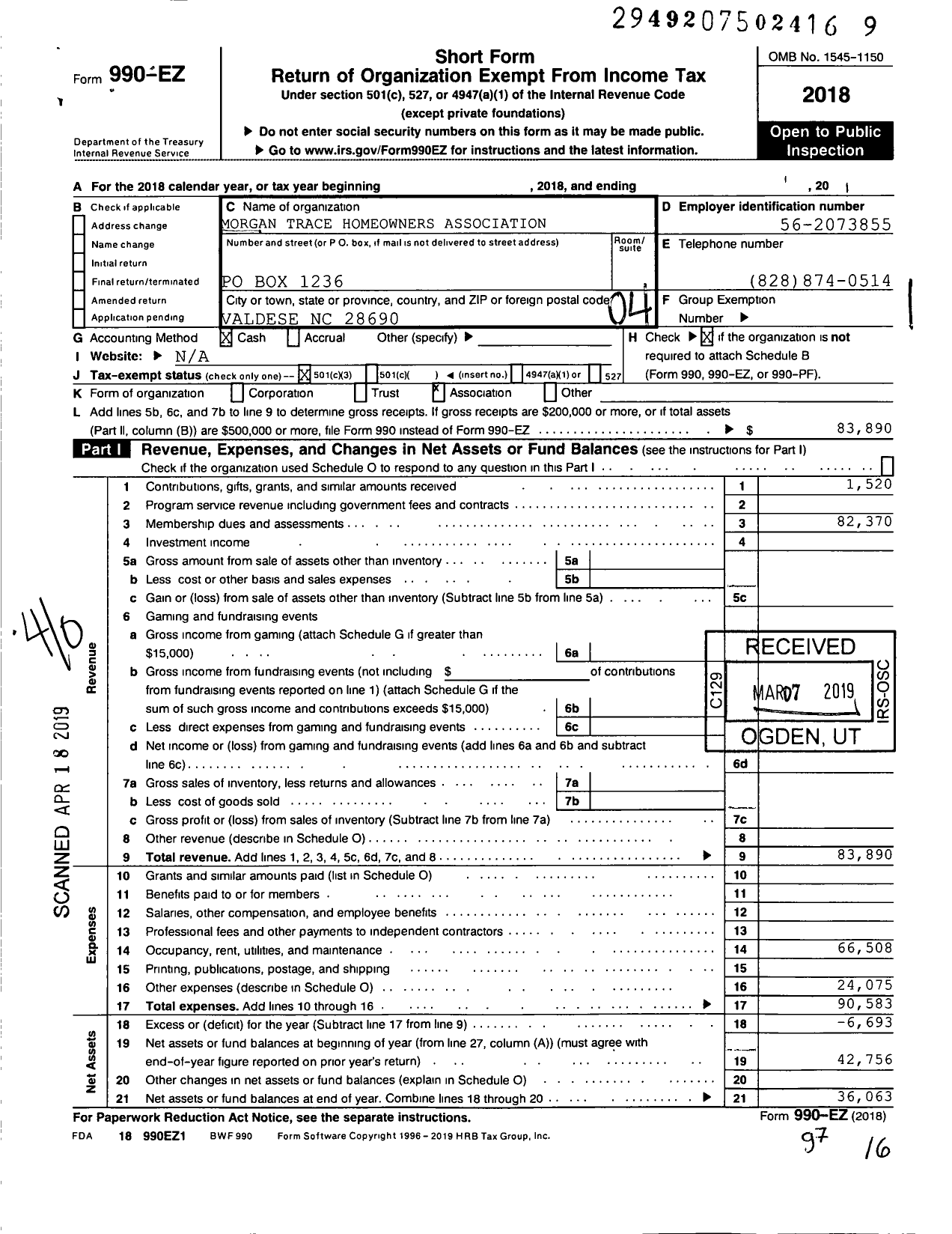 Image of first page of 2018 Form 990EO for Morgan Trace Homeowners Association